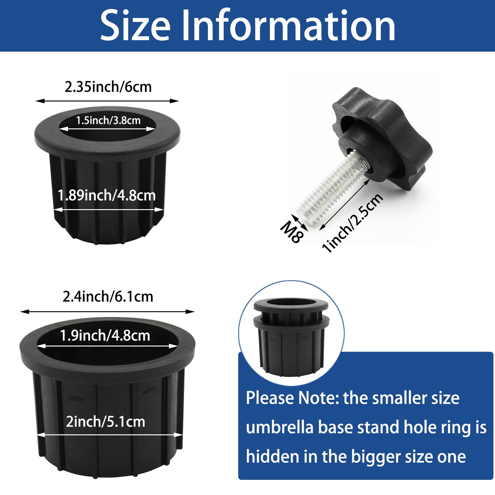 Photo 1 of GHAMYEE 9Pcs Umbrella Base Stand Hole Ring Plug Cover and Cap Patio Umbrella Stand Replacement Parts Umbrella Stand Base Stabilizer Sleeve with M8 Thread Replacement Hand Knob Threaded