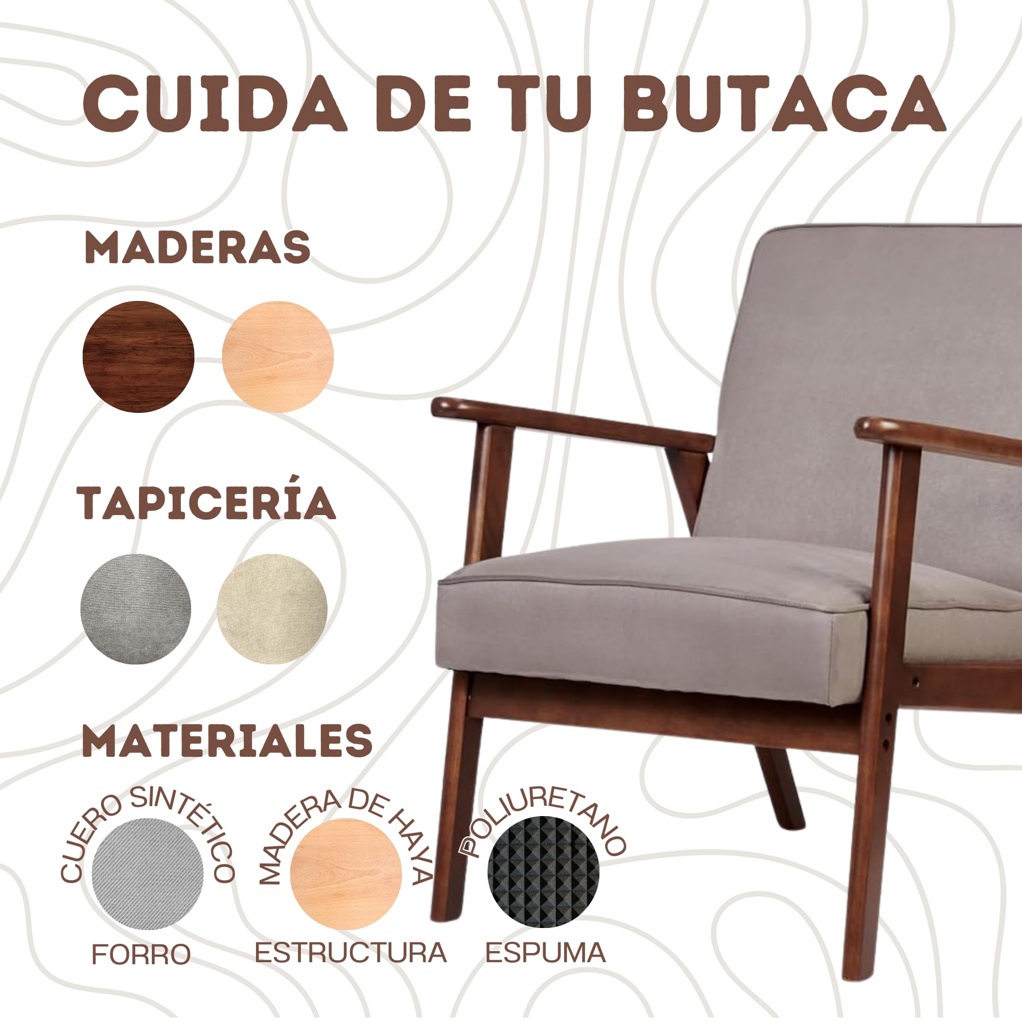 HOME DESIGN & CONFORT Butaca Roma Antimanchas de Estilo nórdico - Butacas de Salon Madera Maciza - Butaca Dormitorio (Beige/Nogal)