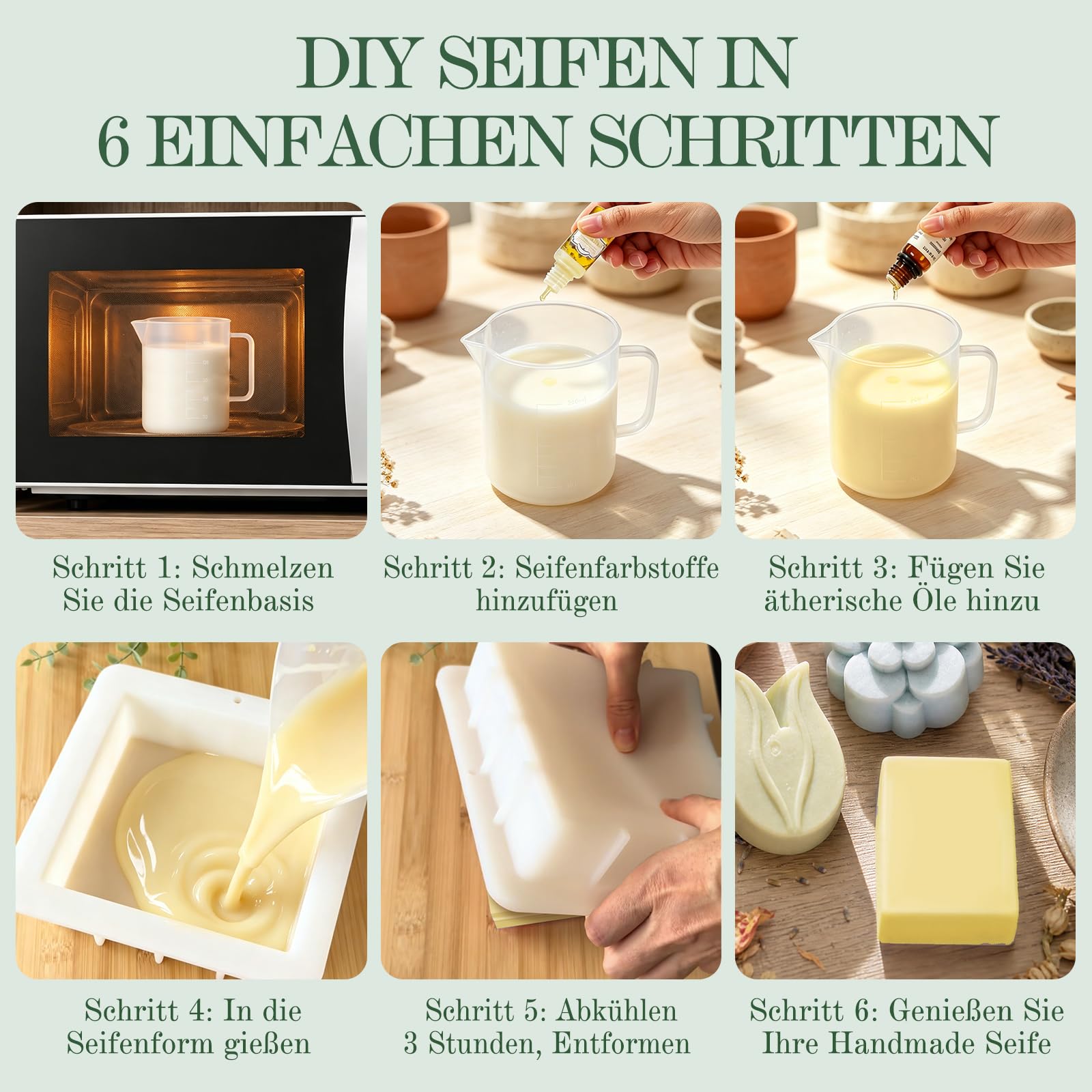 Seifen Selber Machen Set, Kreative Seifen DIY Set für Erwachsene | 1,5kg Seifenbasis, 3 Düfte, 3 Farben, 3 Silikonformen, Seifenmesser & Geschenkverpackung, Handmade Seifen Bastelset