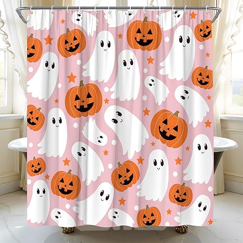 Miniatura 4 de Cortina de ducha con diseño de fantasma, diseño de calabaza espeluznante rosa, diseño de calabaza, divertida tela de dibujos animados para