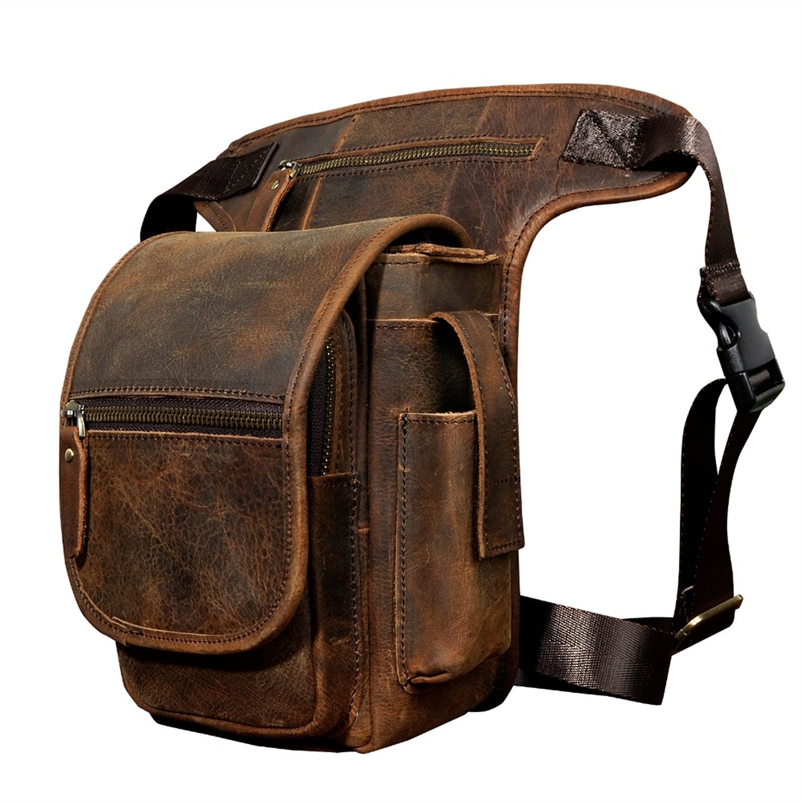 Beintasche Motorrad,Beintasche Echtes Leder männer Design Casual Messenger Schulter Sling Tasche Mode Multifunktionale Gürtel Tasche Drop Bein Tasche Tasche(Brown)