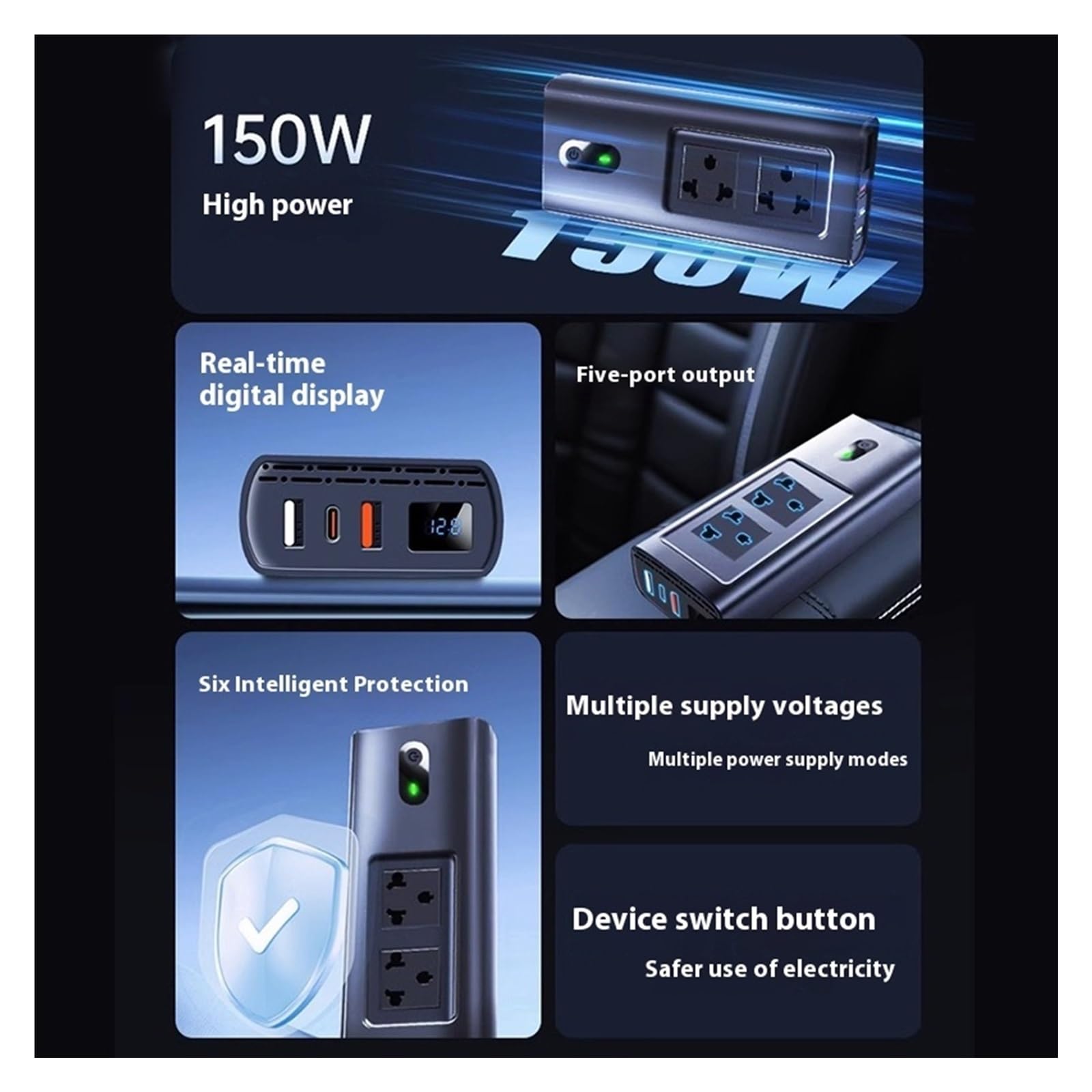 Inwertery, 150W Inwerter samochodowy USB typu C 30W DC 12V do AC Auto Power Invertor Szybkie ładowanie do zasilacza samochodowego
