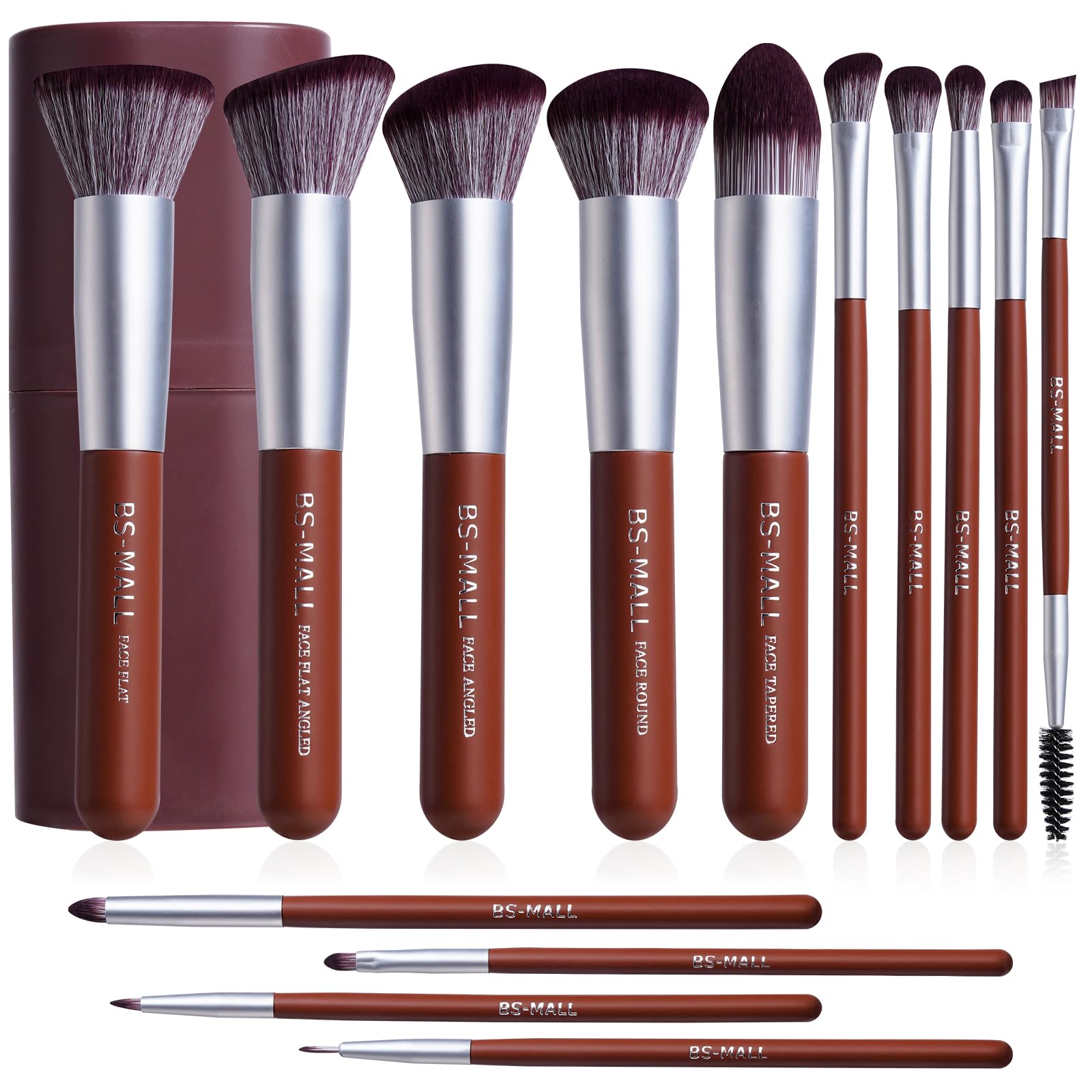 BS-MALL Makeup Brush Set 14 Pcs With Case - Foundation Brush, Concealer Brush, Blush Brush & Flawless Application – Complete Luxury Cosmetic Brush Kit For Travel & Daily Use (Brown)