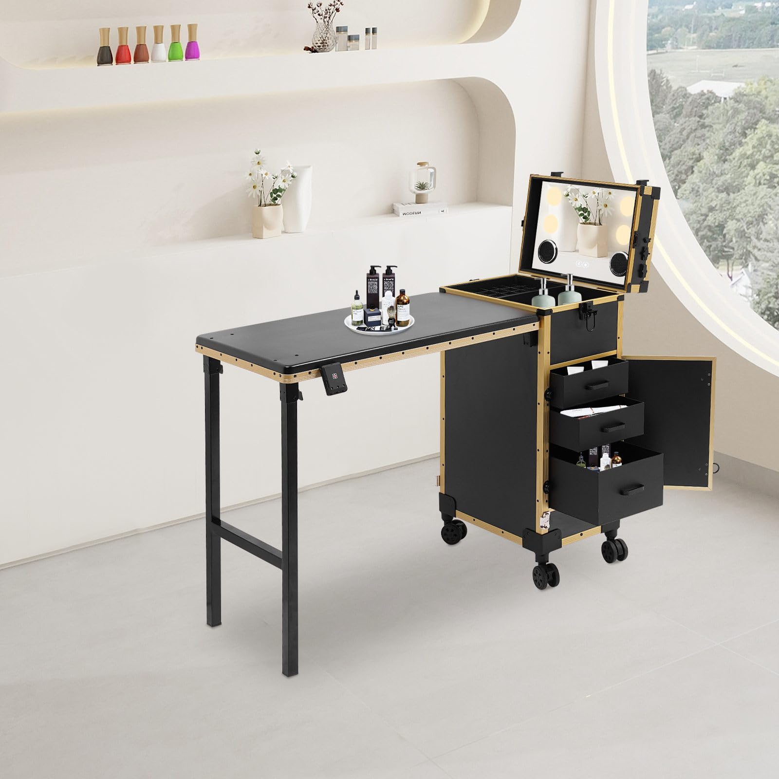 Reise-Schminkkoffer Schminkkoffer Mit Spiegel 3Schubladen Faltbar Kosmetikkoffer Rad Und SchlöSser Friseurkoffer ManiküRe Tisch FüR Professionelle Visagisten Friseure (Schwarz und Gold)