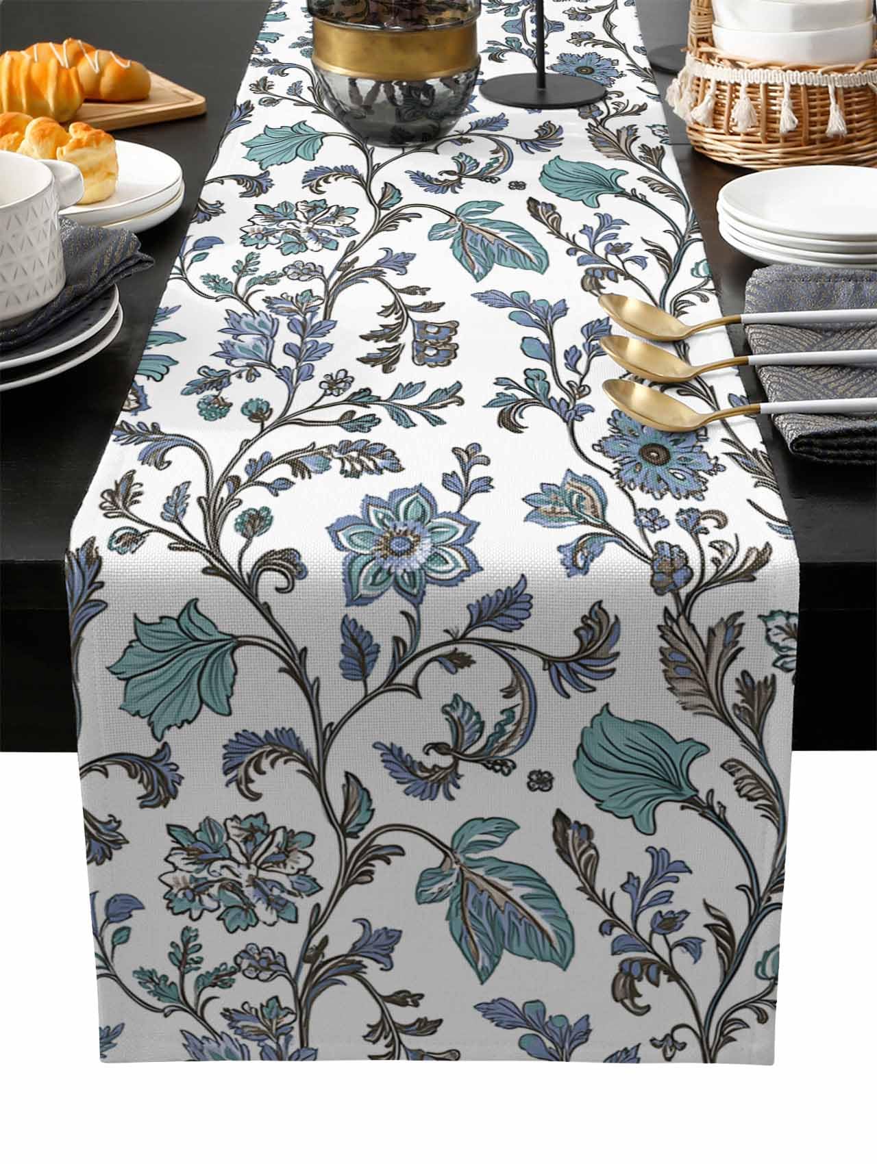 Boho Leaf Table Runner 72 Inches Long for Dining Table Decor,Teal Green Spring Farmhouse Pastoral Tribal Burlap Linen Farmhouse Table Runner Coffee