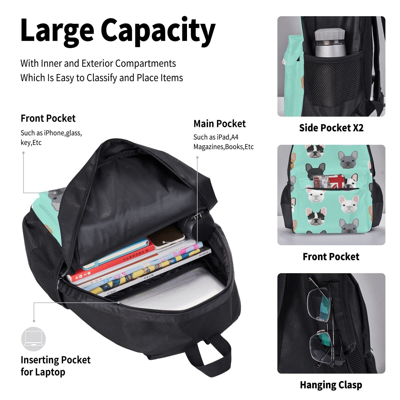 Taekwondo Kampfsport-Schulbücher-Set mit Lunch-Tasche, Federmäppchen, Reise, Laptop, Rucksack, Schultasche, 3-teiliges Set, Französische Bulldogge, Einheitsgröße, Schulrucksack