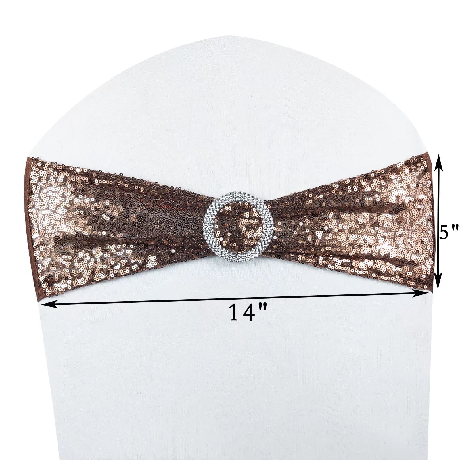 MYS QiQi Pack of 20 Stretch Sequin Chair Sashes, One-Sided Sequin with Buckle, for Wedding Party Chair Cover Decoration, Stretch Spandex Chairs Bands (20 PCS Coffee)