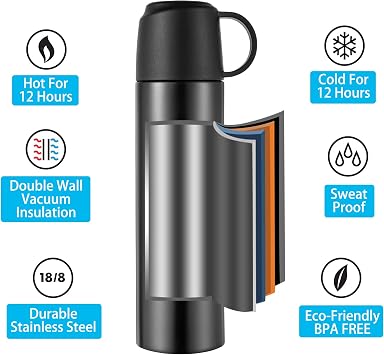 Stainless Steel Water Bottle - Insulated Vacuum Flask with Leakproof Lid & Cup, Double Walled Sport Travel Mug Keeps Hot & Cold