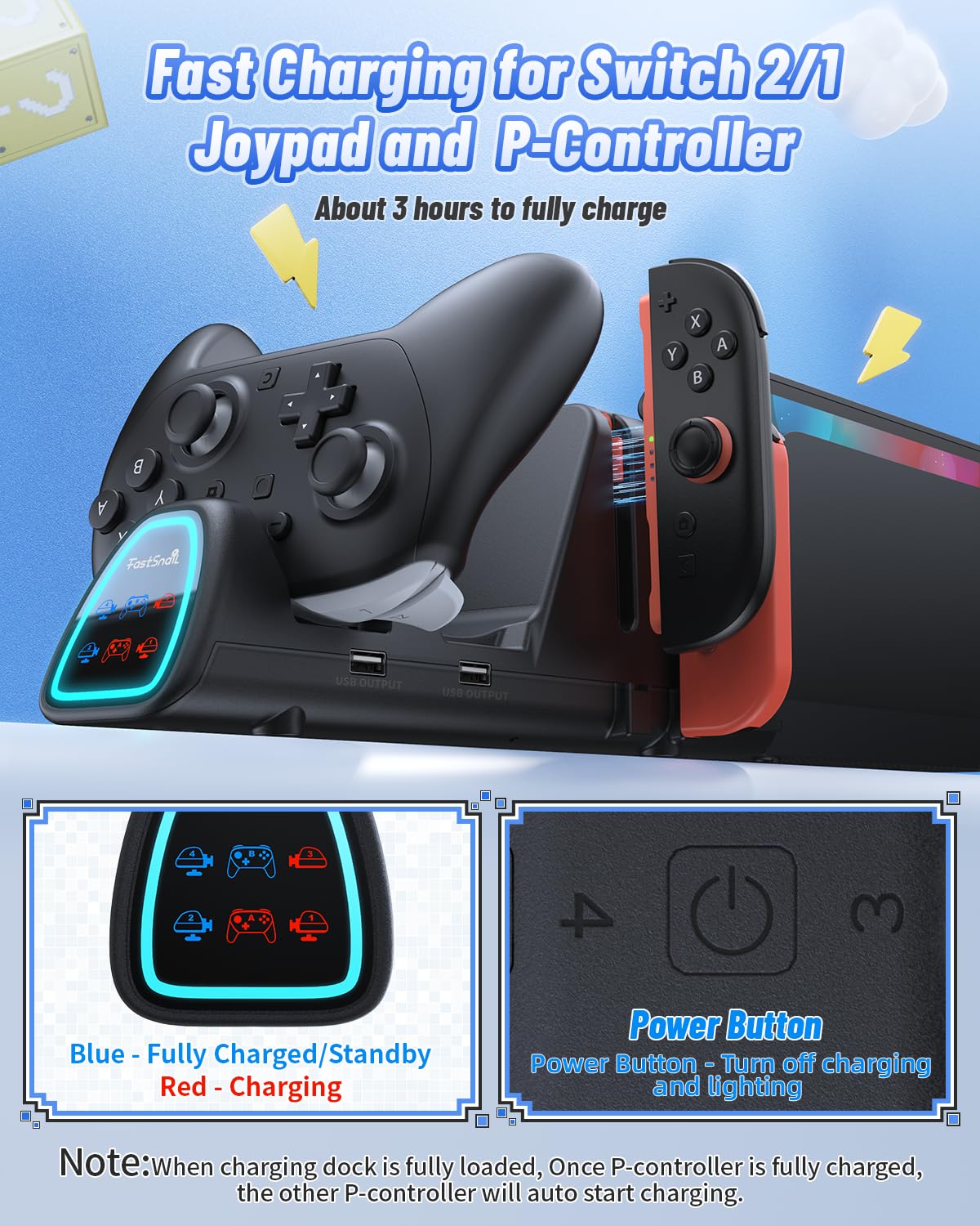 [Switch 1/2 kompatibel] FASTSNAIl Controller Ladestation für Nintendo Switch 2/1 für Joycon, 10-in-1-Schnellladestation für Pro Controller 2/1 mit 11 RGB-Modi, kabelloses Ladegerät mit LED-Anzeige