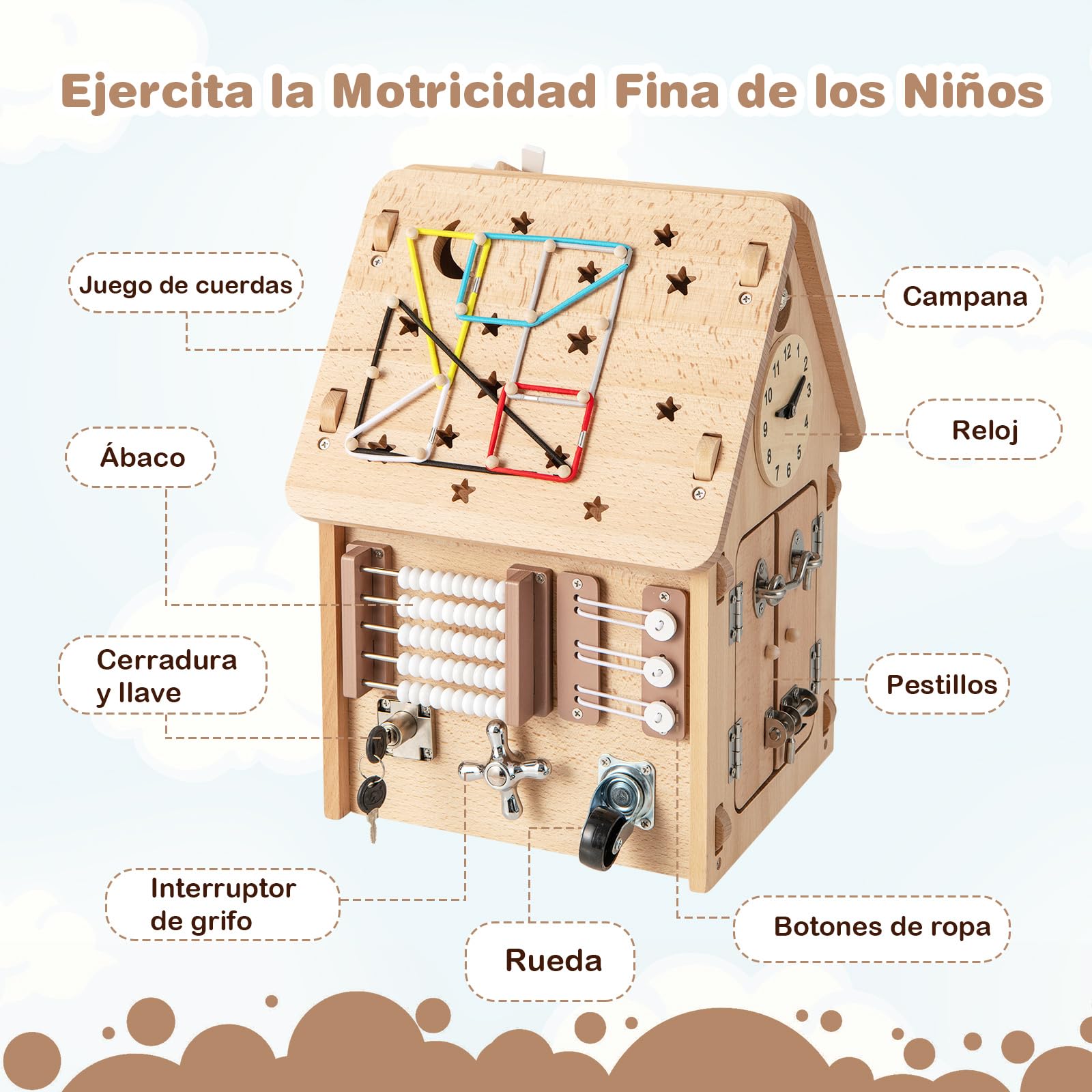 COSTWAY Casa de Juguetes de Madera, Casita de Actividades Multiusos con Juegos Sensoriales y Espacio de Almacenamiento Interior, Juguete Educativo para Niños y Niñas a Partir de 3 Años
