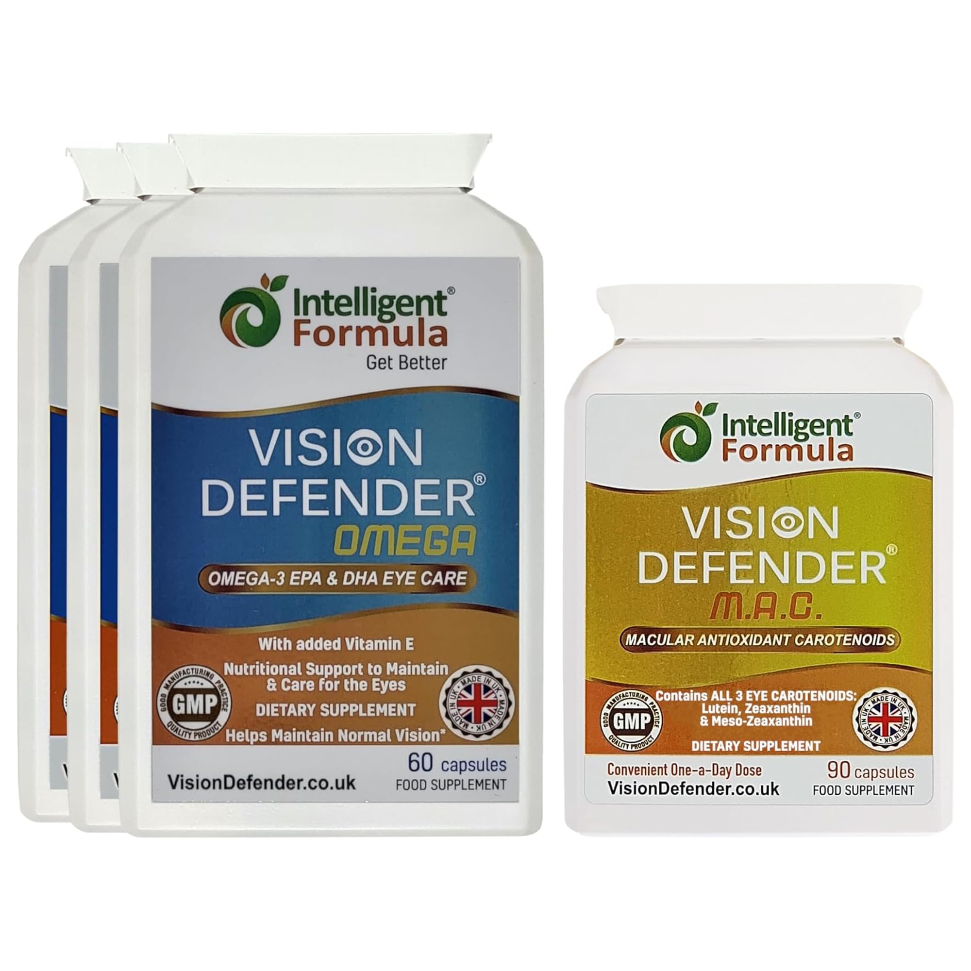 Vision Defender MAC & Omega Bundle Cura Occhi Quotidiana - Luteina Zeaxantina Meso-Zeaxantina Carotenoidi - Omega-3 Olio Pesce (EPA, DHA) - Vitamine Occhi - 90 Giorni - 270 Capsule - UK