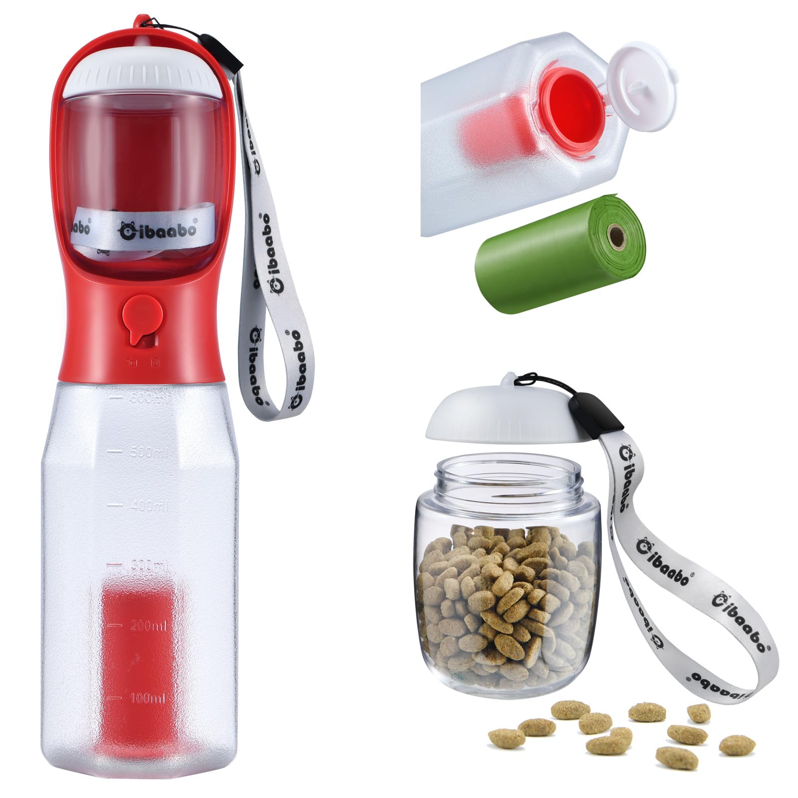 Cibaabo Dog Water Bottle with Food Container & Poop Bag Holder, Travel Water Bowl, Portable Pet Dispenser, Dog Gifts Stuff Accessories Items, Puppy