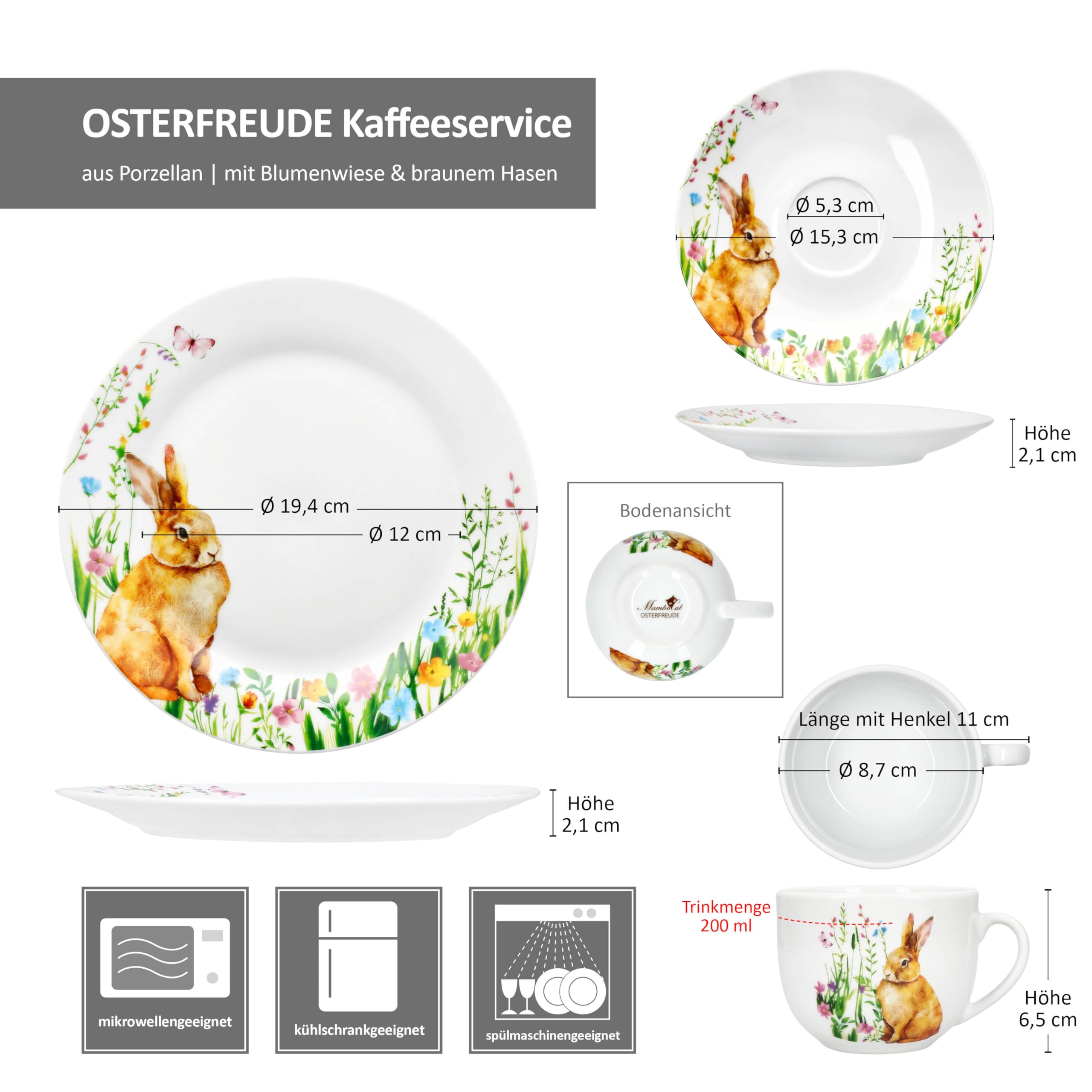 MamboCat Osterfreude Service à café 18 pièces - Vaisselle en porcelaine printanière avec décor lapin de Pâques pour 6 personnes - 6 tasses de 200 ml chacune, 6 soucoupes et 6 assiettes pour