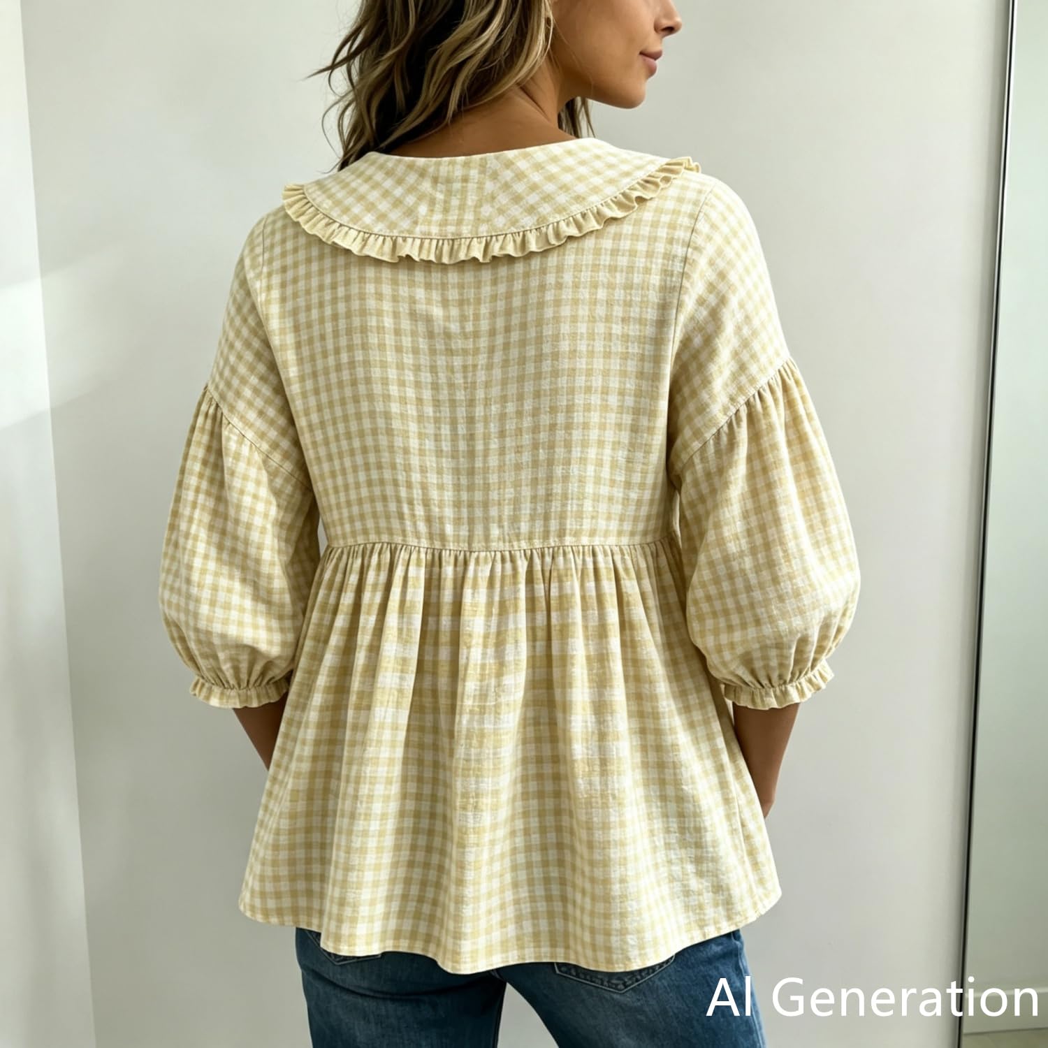 Blusa de cuadros para mujer, manga 3/4, abotonada, con botones y peplum