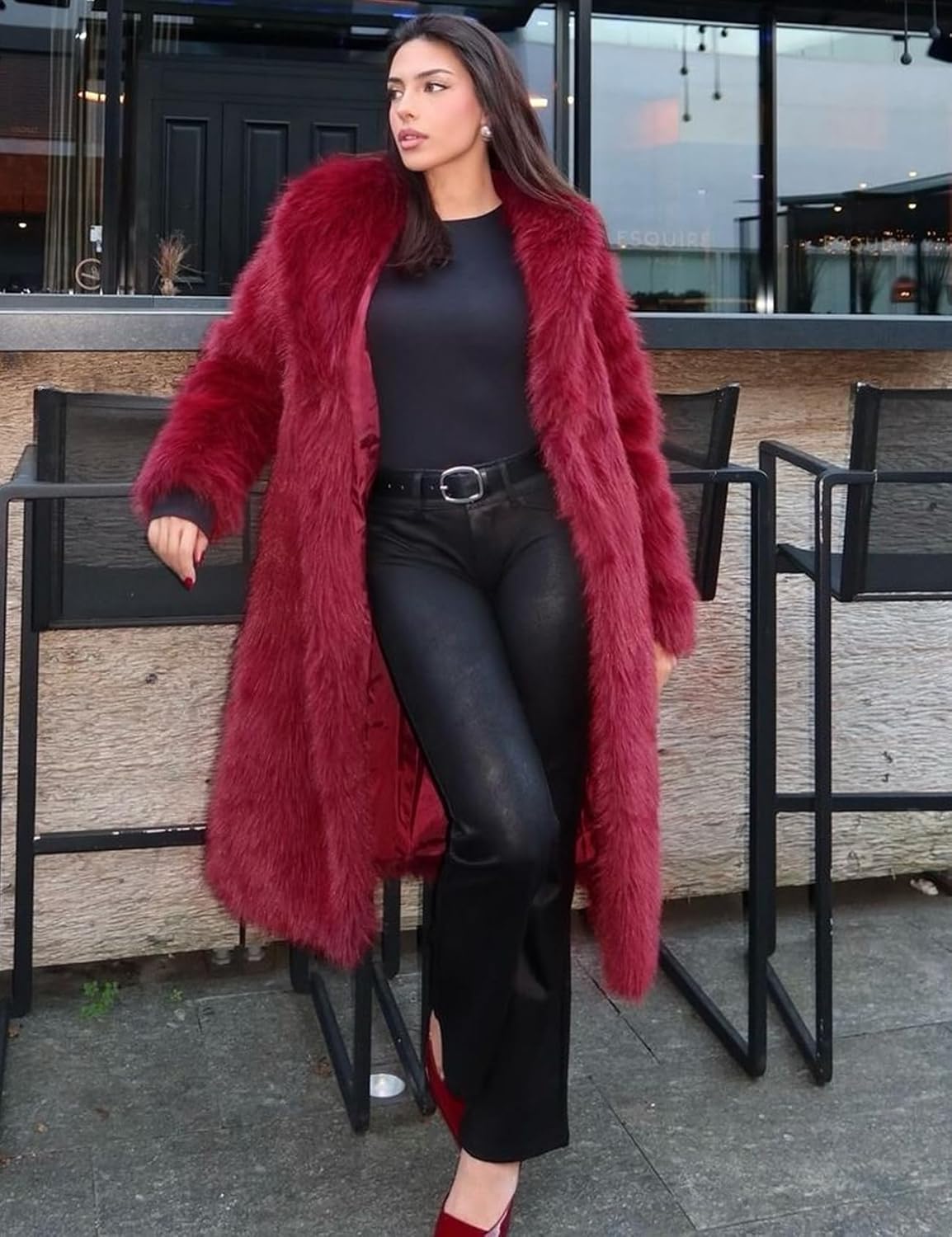 Flygo Womens Long Faux Fur Coats Winter Fluffy Open Front Luxury Overcoat Shaggy Lapel Long Sleeve Fuzzy Warm Cardigan Jacket