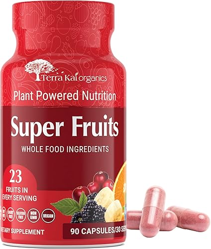 TERRA KAI ORGANICS Suplemento orgánico de súper frutas sin glutengelatina, sin OMG, sin soja y vegano  Cápsulas de superalimentos Rojos  23 frutas