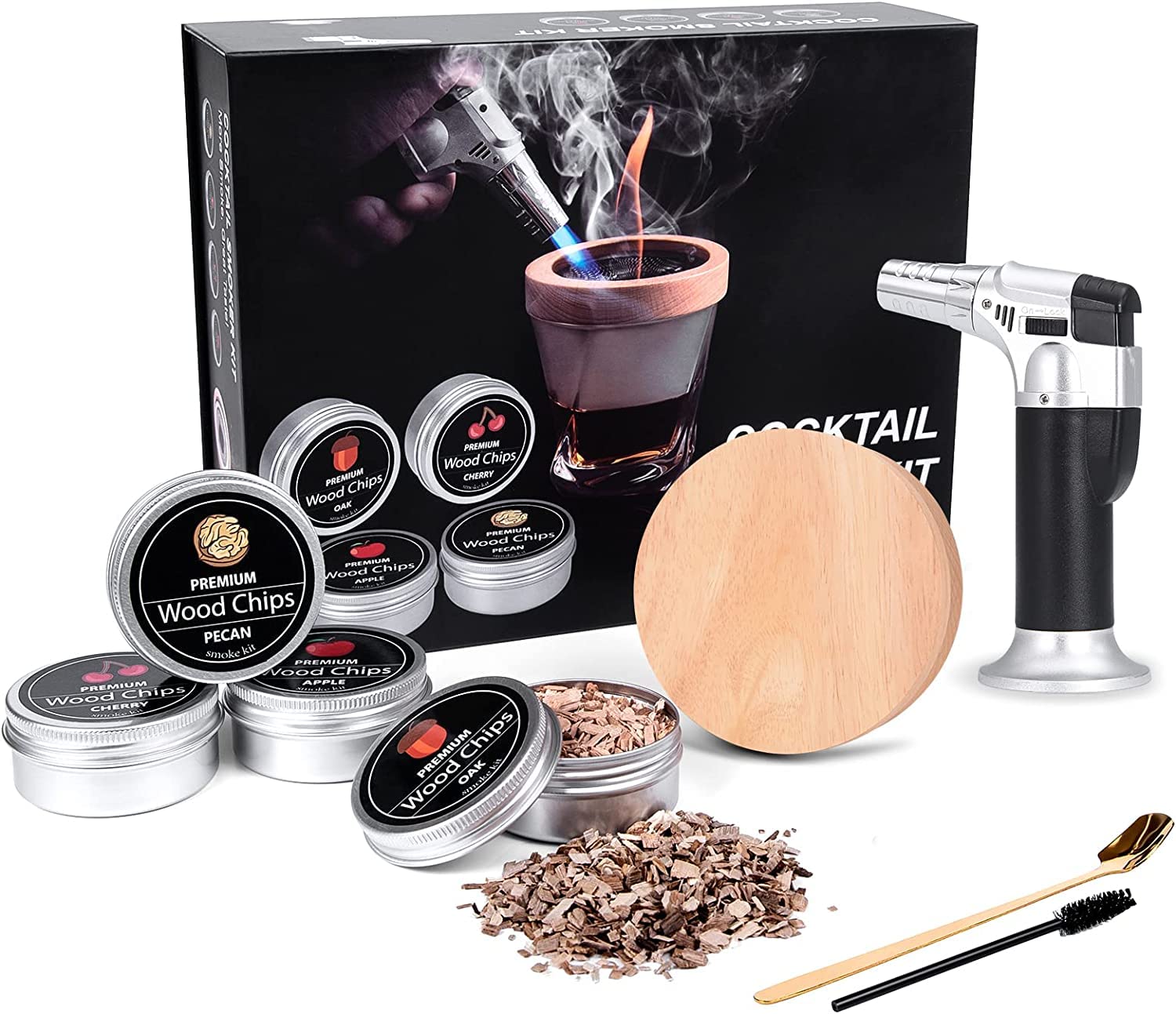 WishlinkCocktail Whiskey Smoker Kit with Torch, Old Fashioned Bourbon with 4 Flavored Smoking Wood Chips, Drink Smoker Infuser Kit Gifts for Cocktail Lovers,Men,Dad,Husband,Boss,Boyfriend (No Butane)