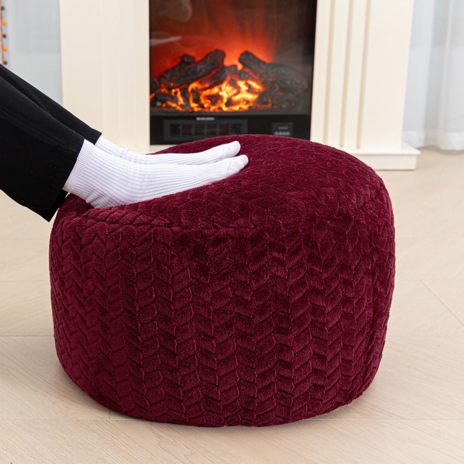 Stuffed Pouf Ottoman, Ottoman Pouf for Living Room Bedroom Floor Storage Pouf Footstools, Round Foot Rest Stool 20"x20"x12" with Filler (Wine Red)