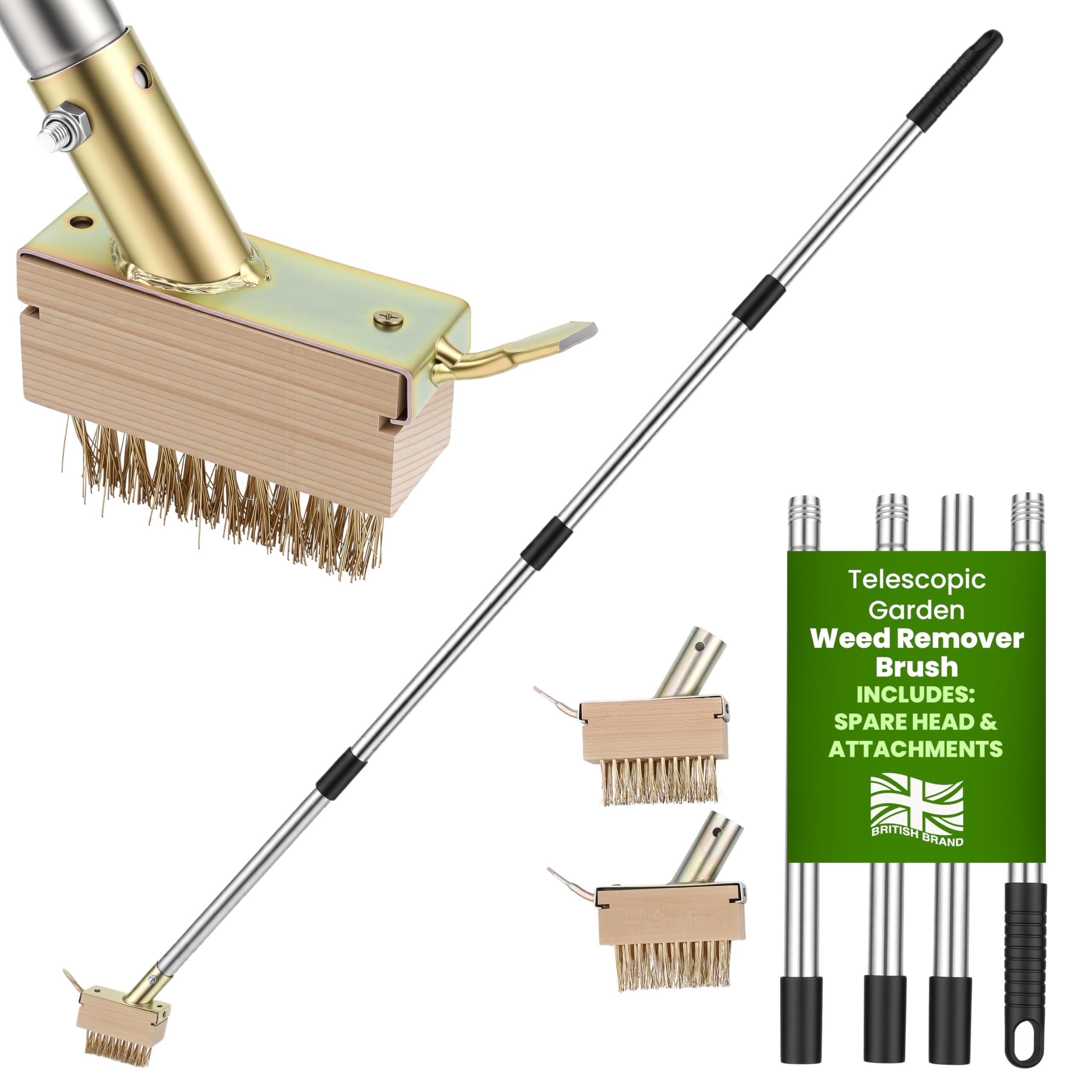 My Garden Weed Remover Brush Extends up to 160cm – Weed Brush with Copper Wire Bristles - 2X Replacement Heads - Durable Steel Handle, Perfect for Patios, Driveways, Paths, Moss & Algae Cleaning