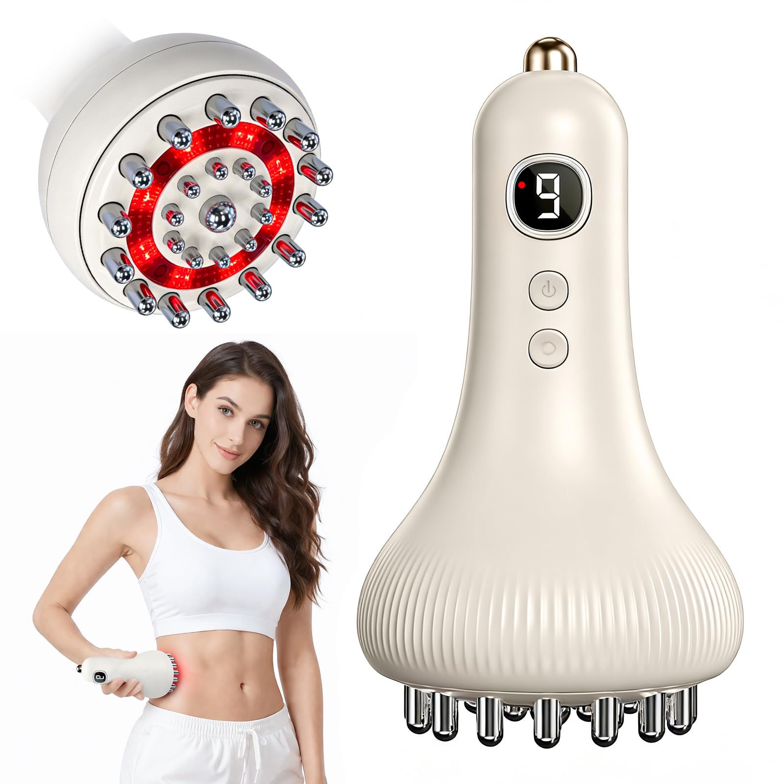 Lymphdrainage Massagegerät Anti Cellulite, 9 Stufen Anti Cellulite Geräte Massage mit Mikrostrom, Vibrieren & Wärme,Schröpf Massagegerät für für Bauch, Beine, Arme & Rücken (Weiß)