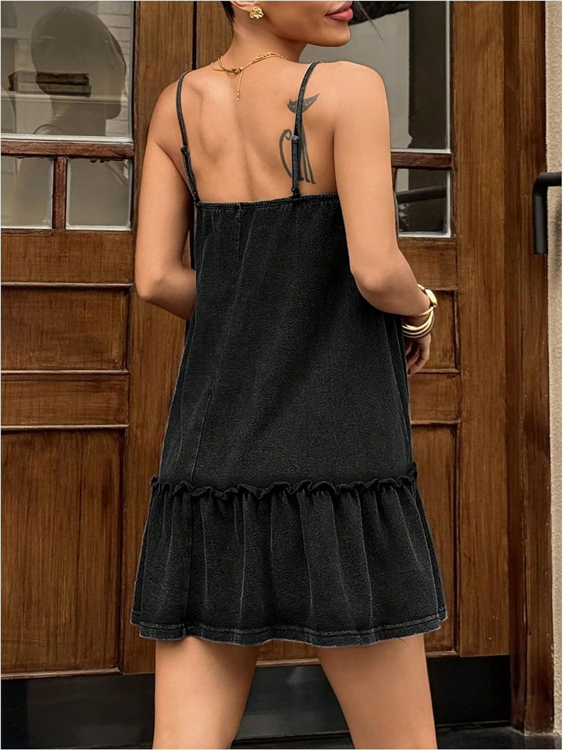 SHENHE Women's Denim Spaghetti Strap Dress Ruffle Hem Swing Loose Jean Cami Dress Sundress - Image 2