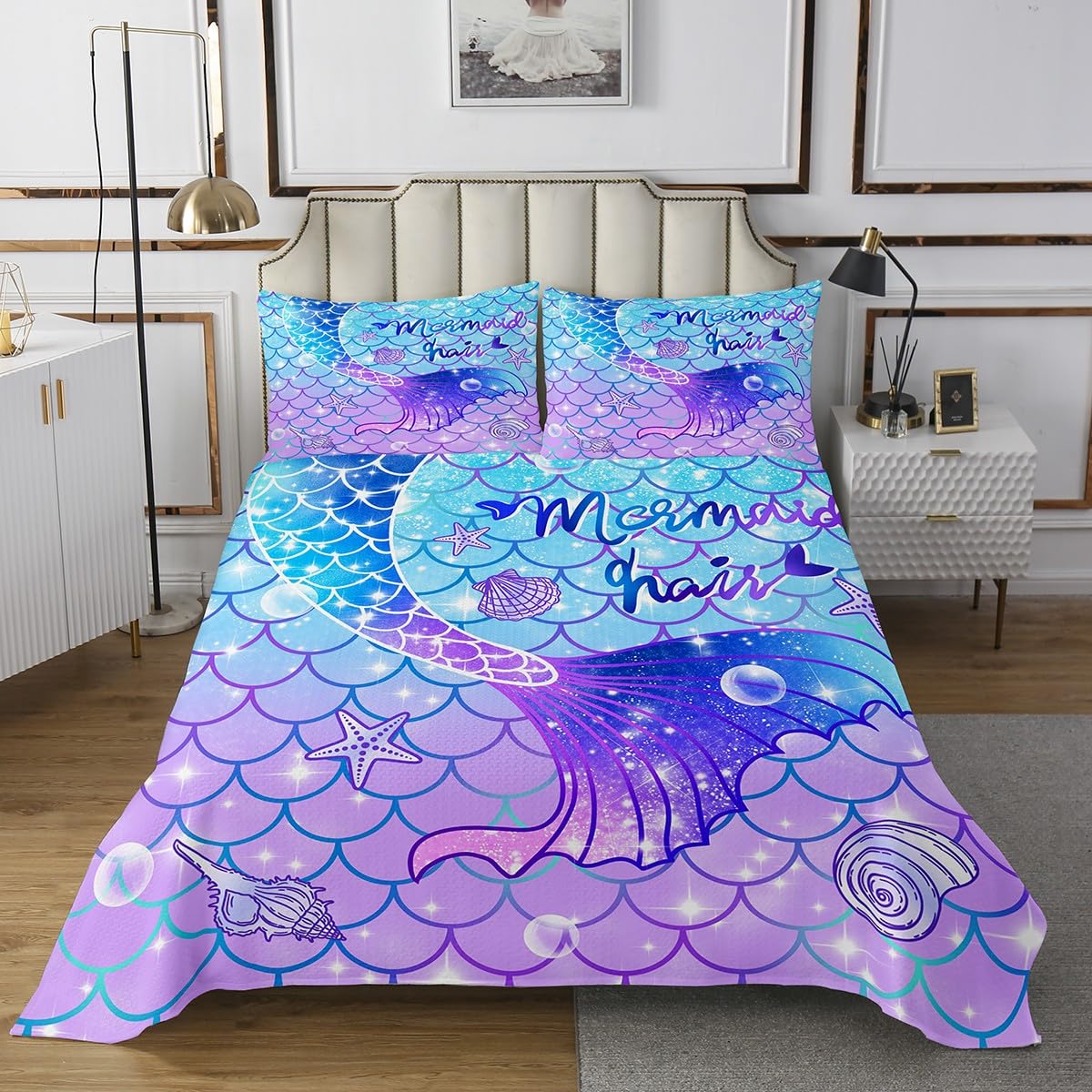 Feelyou Mermaid Bedspread Twin Size for Kids Girls Teal Blue Purple Mermaid Tail Print Bedding Set Cute Coverlet Mermaid Fish Scale Bedroom Glitter Decor All Season