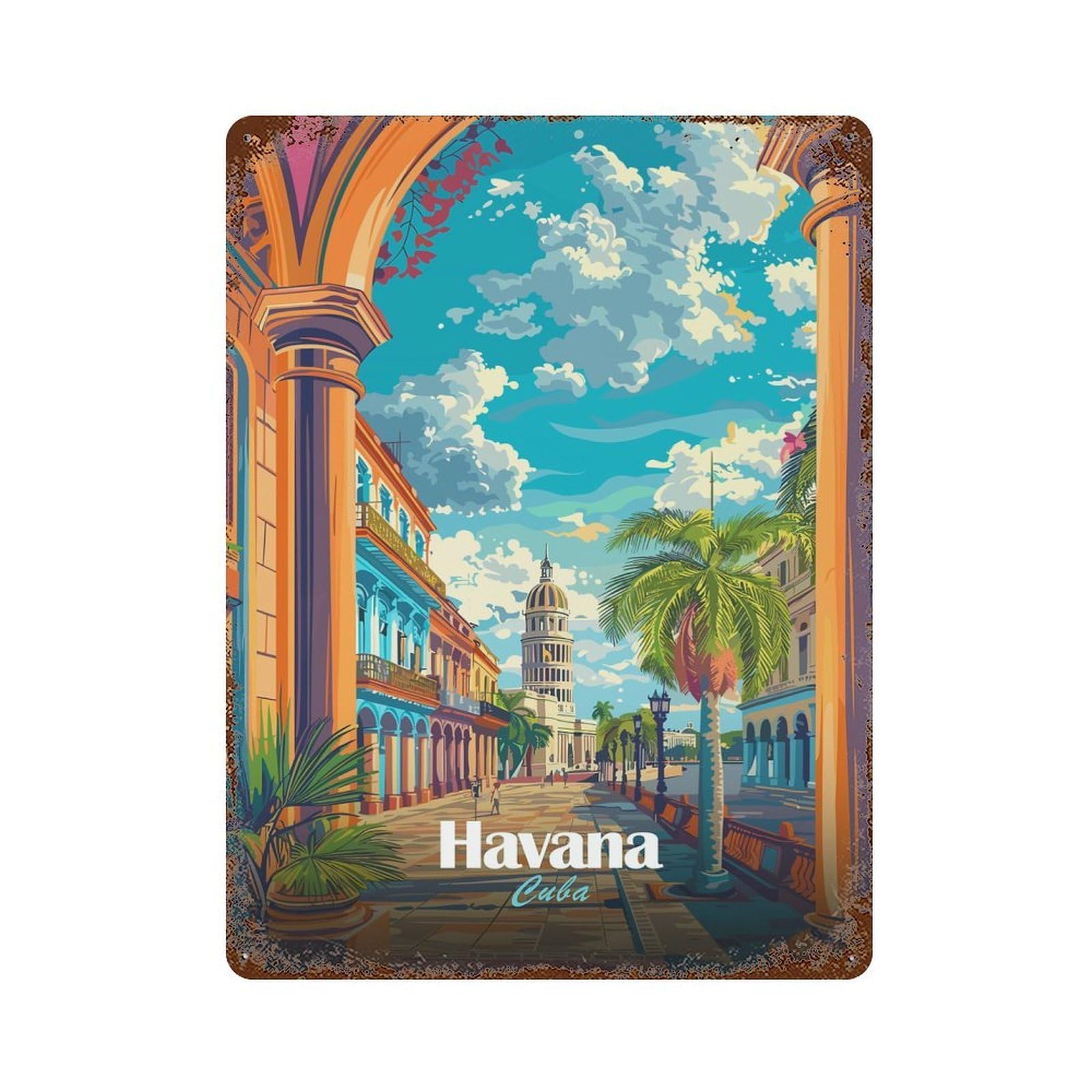 Colorful Havana Cuba Cityscape Illustration 15.7"x11.8" Vintage Rust Metal Sign, Decorative Metal Wall Art for Living Room, Hallway And Home Decor