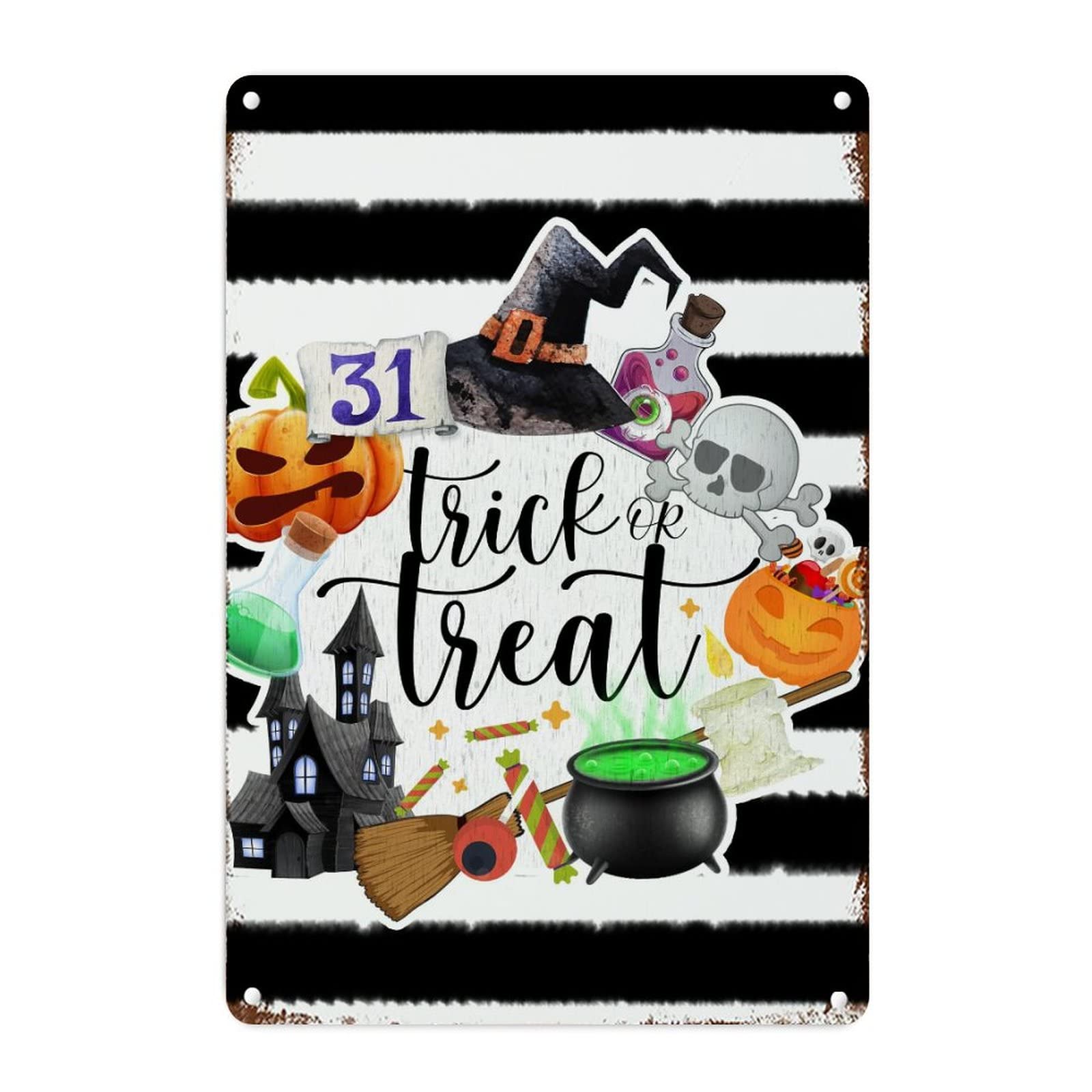 Panneau mural rétro en aluminium Trick or Treat Halloween pour porche 45x30cm