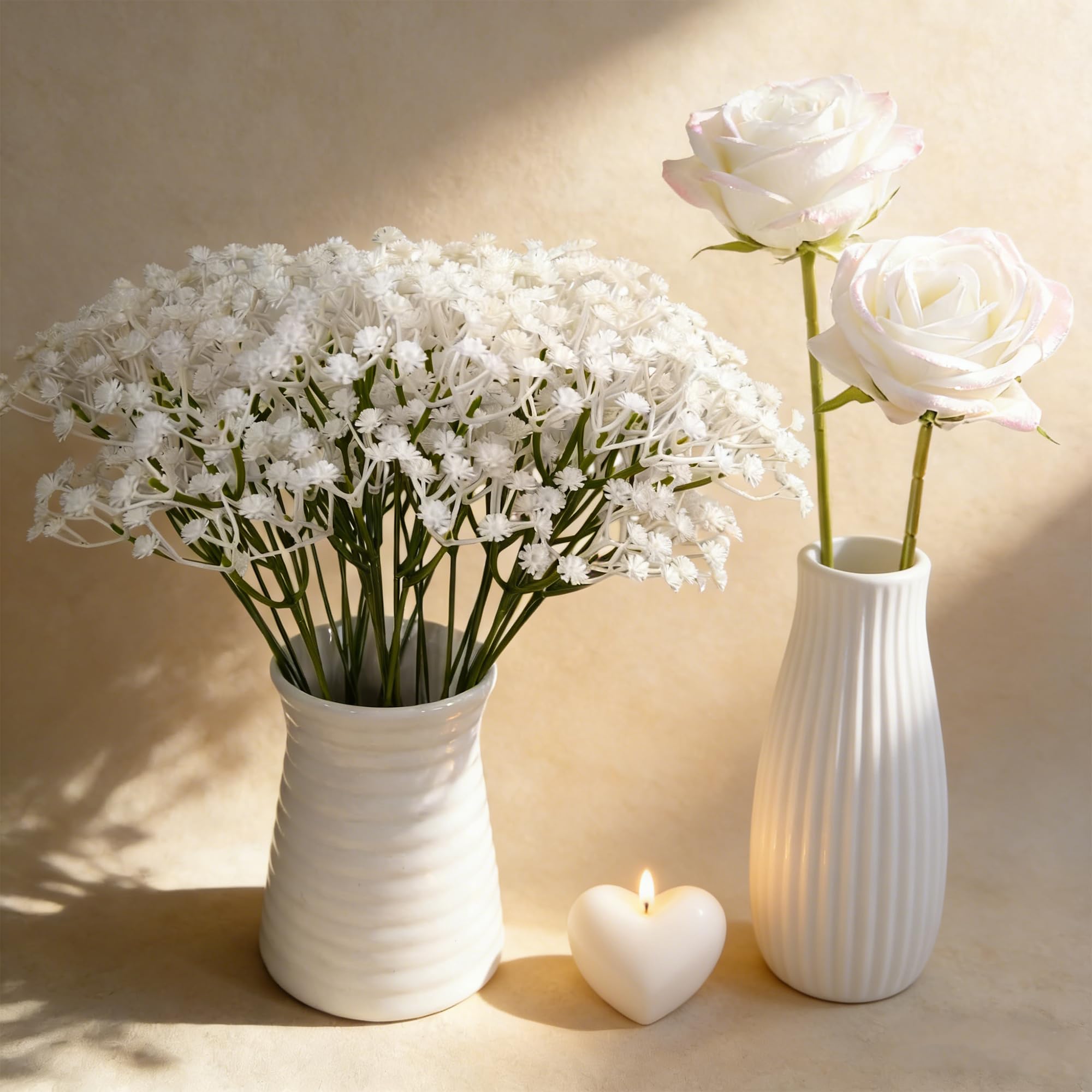Minwegi White 12 Pack Artificial Gypsophila Flowers With 2 Roses - 30Cm Fake Flowers Bouquet For Home Decor, Wedding Arrangement, Vase Filler (White)