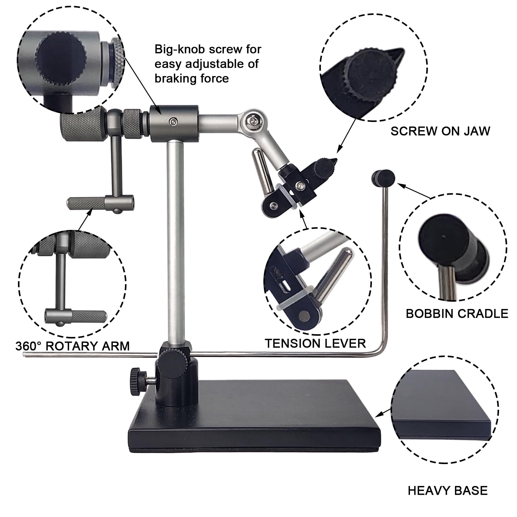 EUPHENG New Upgrade N075 Madison True Rotary Vise with Two Ball Bearings Inside More Smooth Fly Tying Vise with 360 Degree Rotation Easy Adjustment of Rotation Resistance 26 to 4/0 Hook Sizes