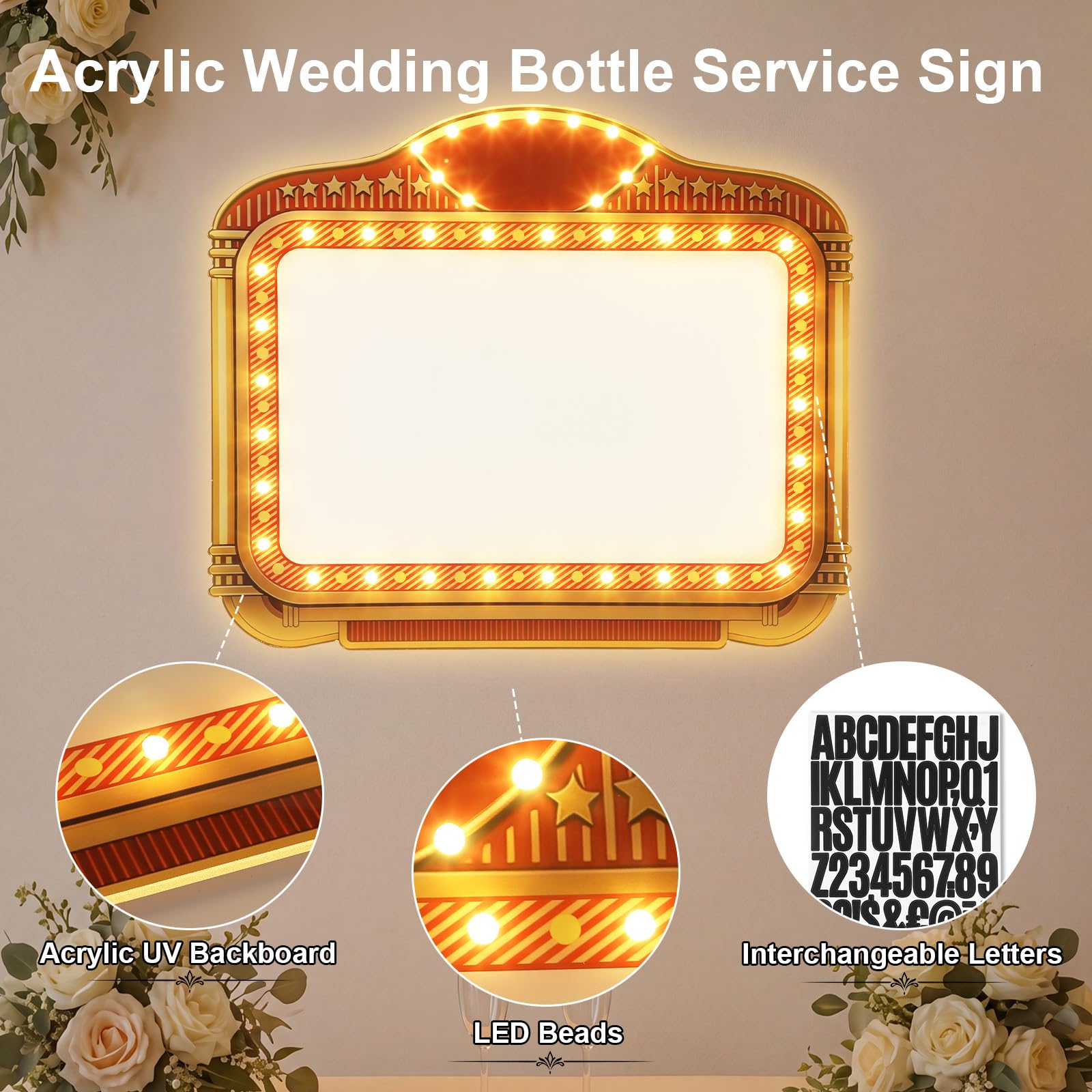 LED-Acryl-Schild für Hochzeitsflaschen mit Buchstaben-Aufkleber, beleuchtet, groß, Hochzeitseingang, Requisiten, personalisiertes Festzeltschild für Empfang, Nachtclub, Brautverlobung (Retro