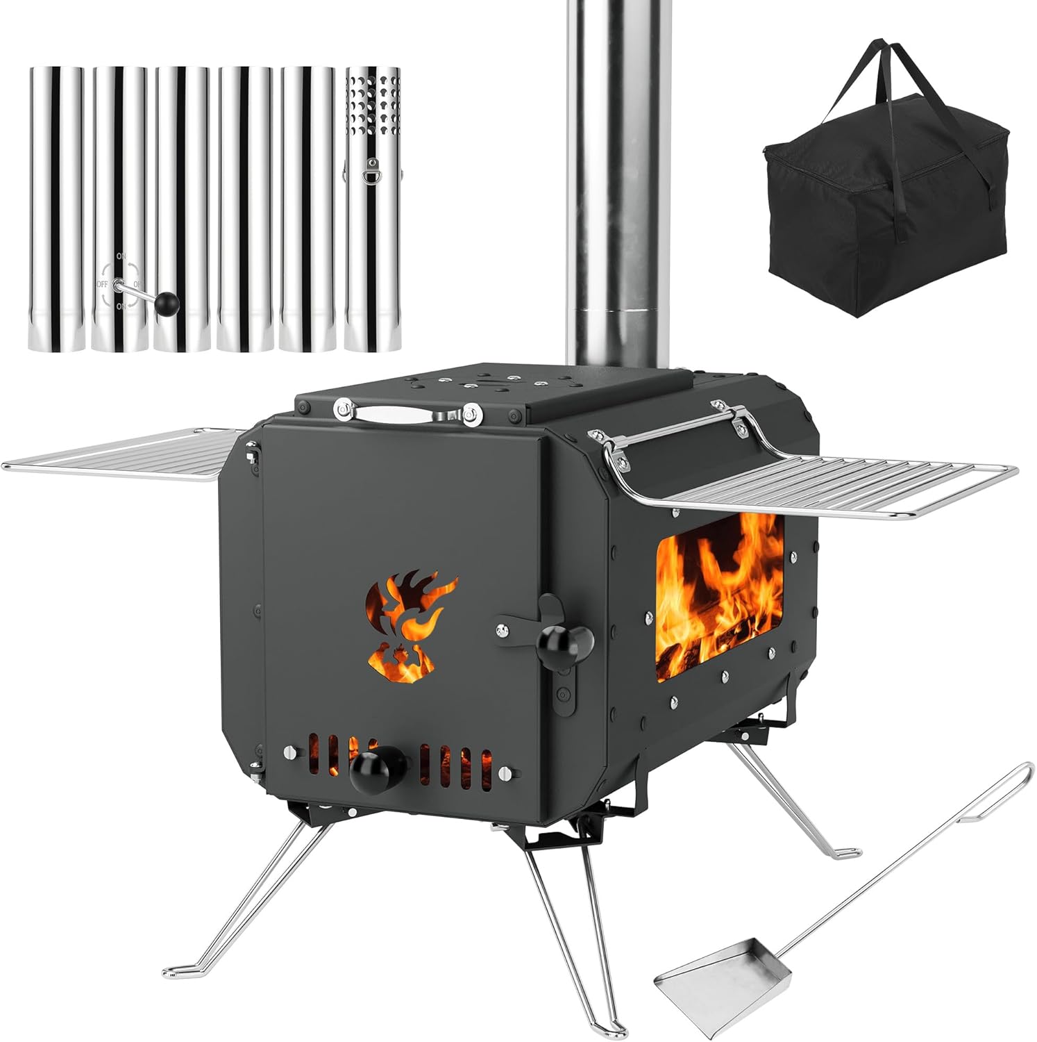 Portable Wood Stove for Tents, Compact Folding with Side High Temp Glass, Damper & 6 Pipes, Wood Burning Heater for Camping, Ice Fishing, Black Portable Wood Stove for Tents, Compact Folding with Side High Temp Glass, Damper & 6 Pipes, Wood Burning Heater for Camping, Ice Fishing, Black
