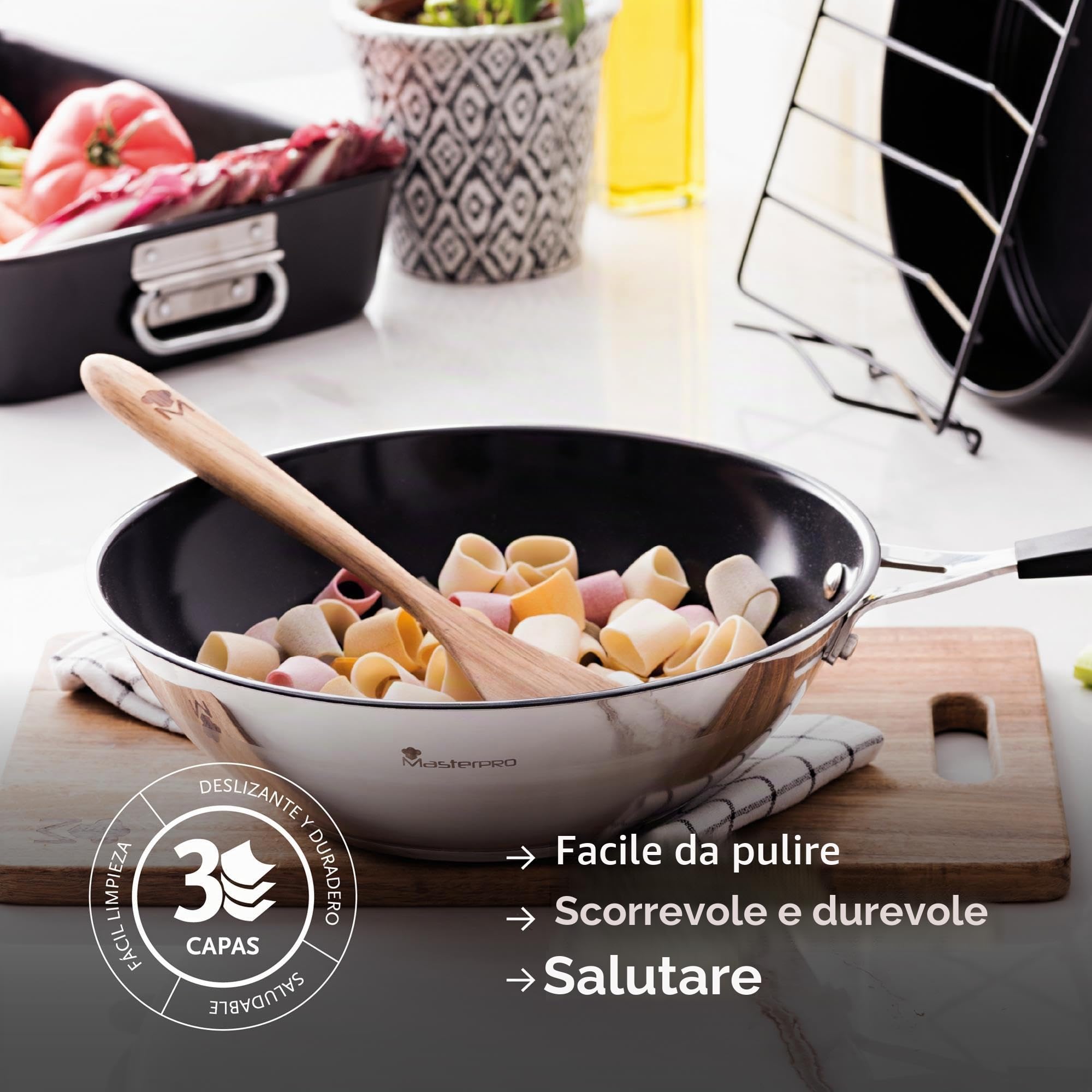 MasterPro Smart | 3 Padelle Antiaderenti di 20, 24 e 28 cm e Wok di 28 cm | Alluminio Forgiato | Manico Ergonomico | Kit di Padelle | Per Tutti i Piani Cottura