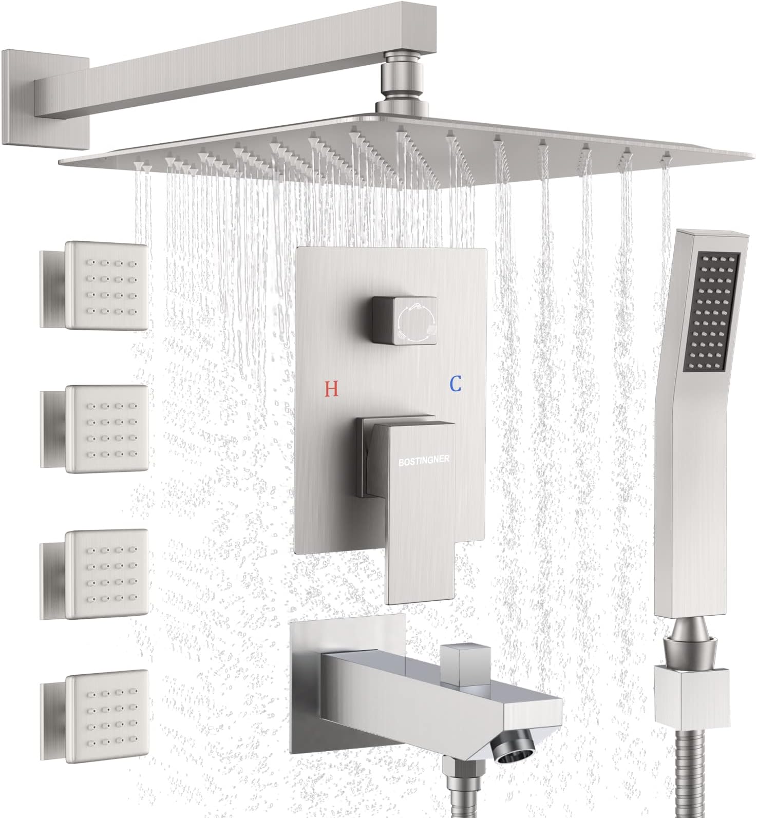 Shower System with Body Jets 12 Inch Rain Shower Head System with Tub Spout High Pressure Handheld Shower Faucets Sets Complete Brushed Nickel