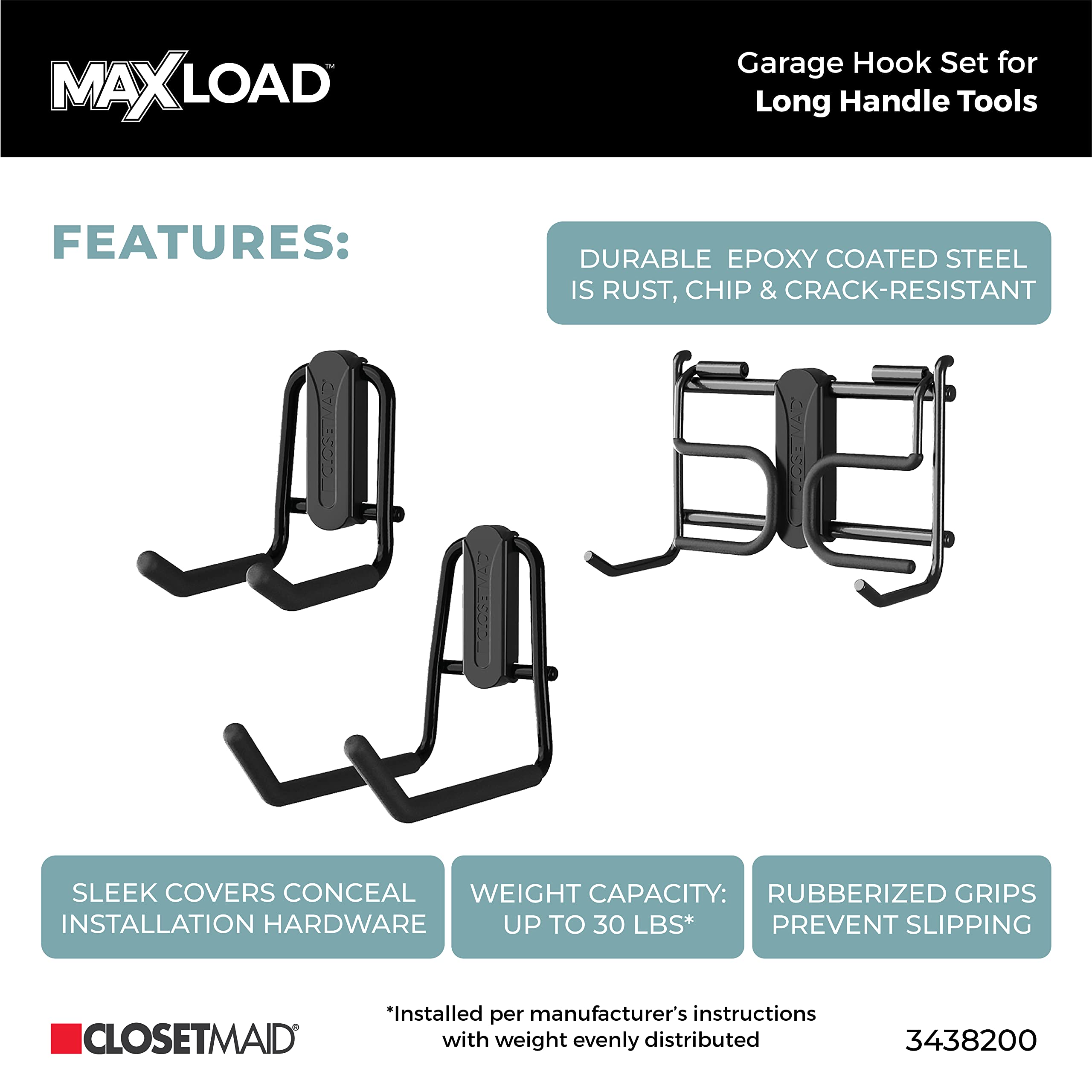 ClosetMaid MaxLoad - Paquete de 3 ganchos y perchas de garaje para montaje en pared, almacenamiento resistente para herramientas de mango largo, cables, mangueras, palas, rastrillos, escobas, color
