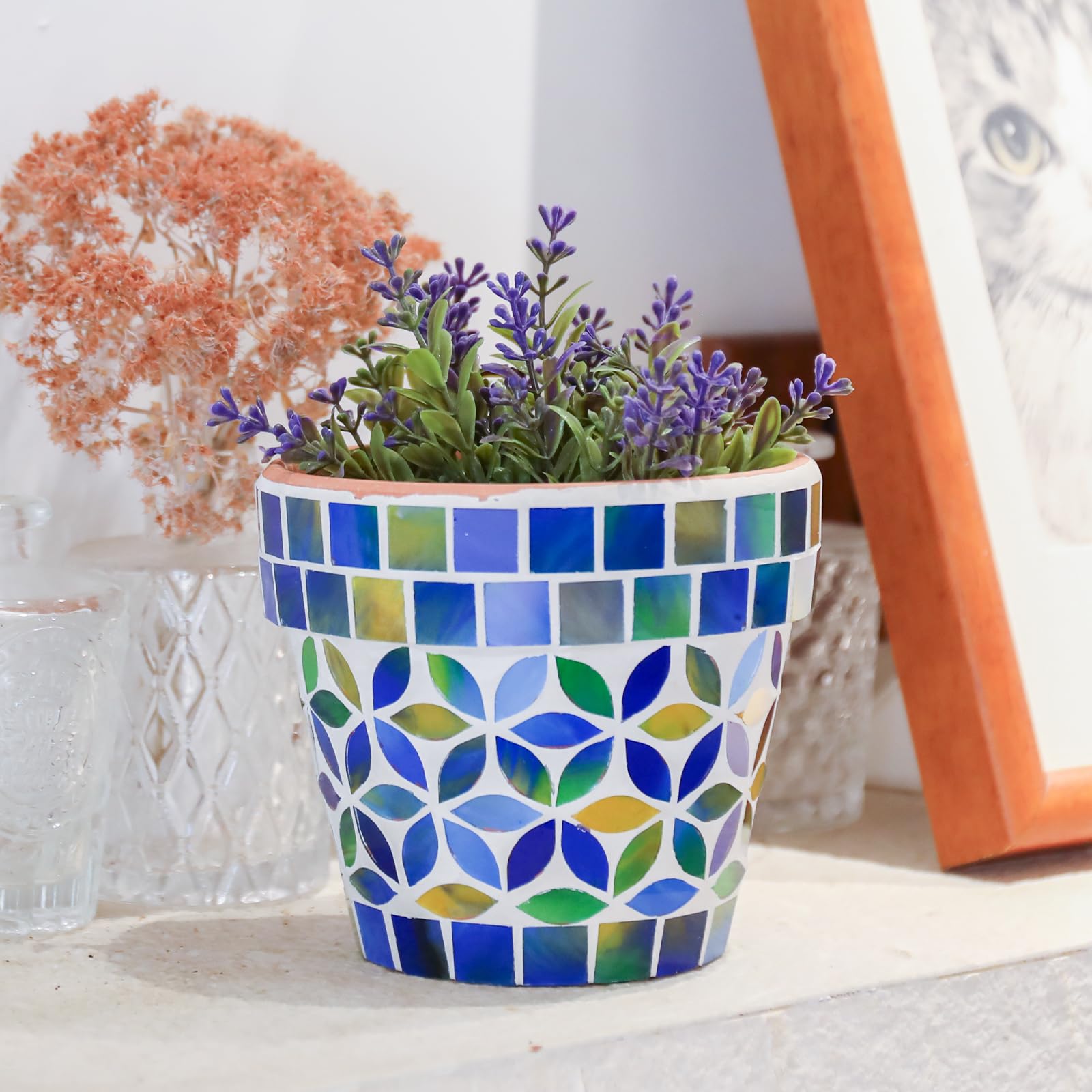 Kleiner Mosaik Blumentopf Blumentöpfe Keramik Pflanzgefäß mit Drainageloch Kleiner Keramiktopf für Innen Außen Pflanzen Sukkulenten Töpfe Blau mit Blumen Design