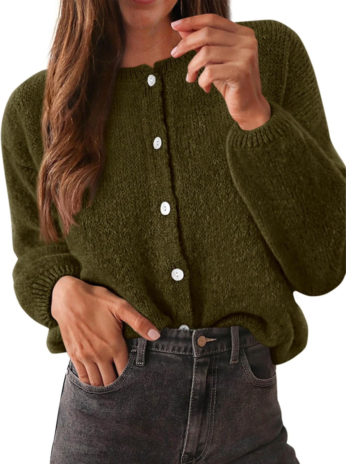 KIRUNDO Women’s Cardigans Casual Loose Button Up Long Sleeve Crewneck Knit Cardigan Sweaters Open Front Outerwear Coats