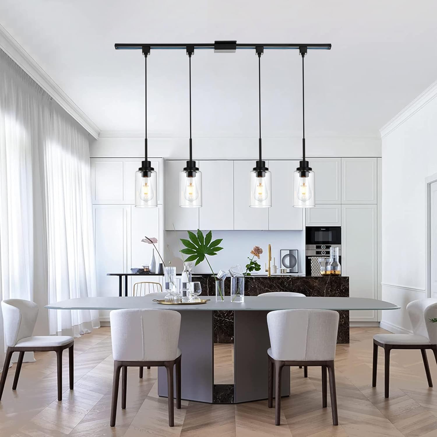 MELUCEE 4 Pack H Type Track Pendant Lighting Black Ceiling Track Hanging Light Fixtures Pendant with Clear Glass Shades, Compatible with H Type Track Lighting Rail, E26 Socket