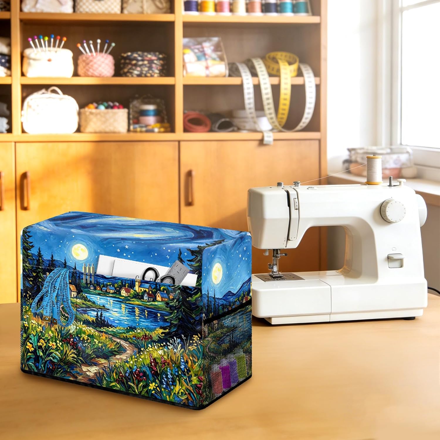 peacoblue Sewing Machine Cover with Storage Pockets,Starry Sky Oil Painting Sewing Machine Dust Covers for Standard Machines,Protective & Decorative Sewing Machine Case