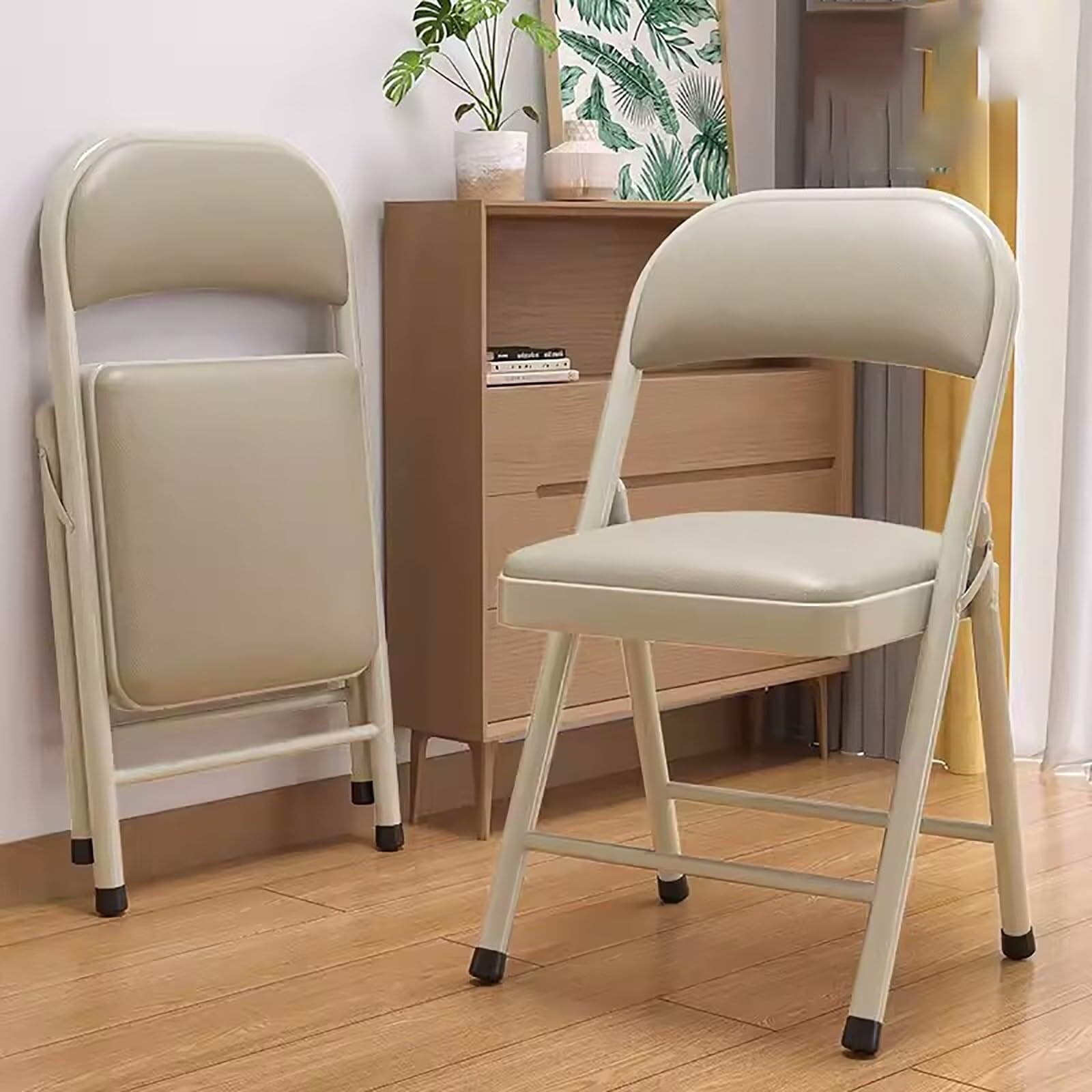 Chaise pliante rembourrée lot de 2 en acier et cuir synthétique camel