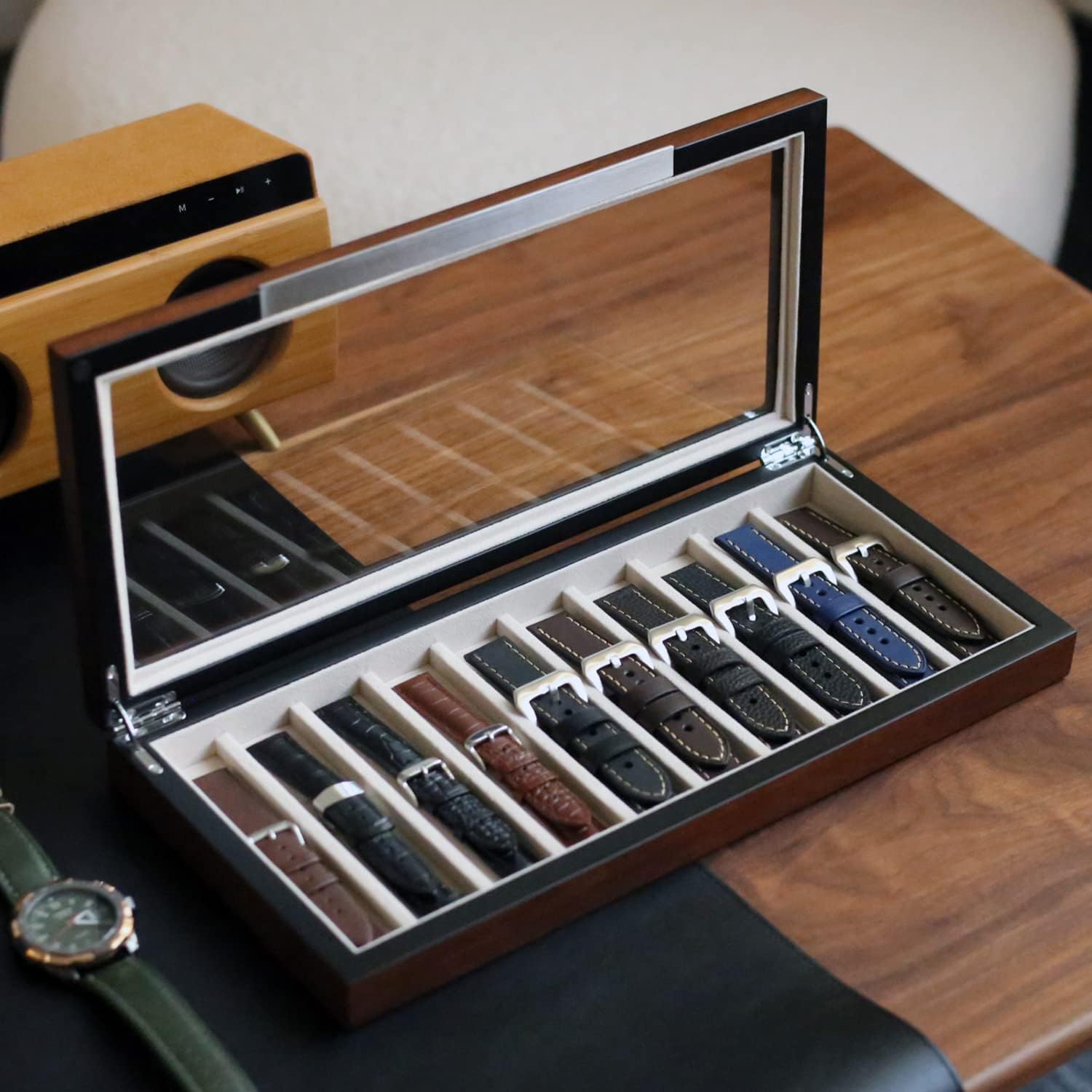 Watch Band Organizer Case for Men or Women Holder Watch Band, Wooden Watch Band Storage Box with Real Glass Window (Walnut veneer 10 slot)