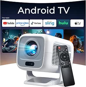 [Native 1080P FHD/AI Visual Calibration] Smart Projector with Dolby Audio, 600 ANSI 4K Support, AI Auto Focus&amp;Keystone, Android TV OS 10,000+Apps, Mini Portable Projector with WiFi 6 and Bluetooth 5.4