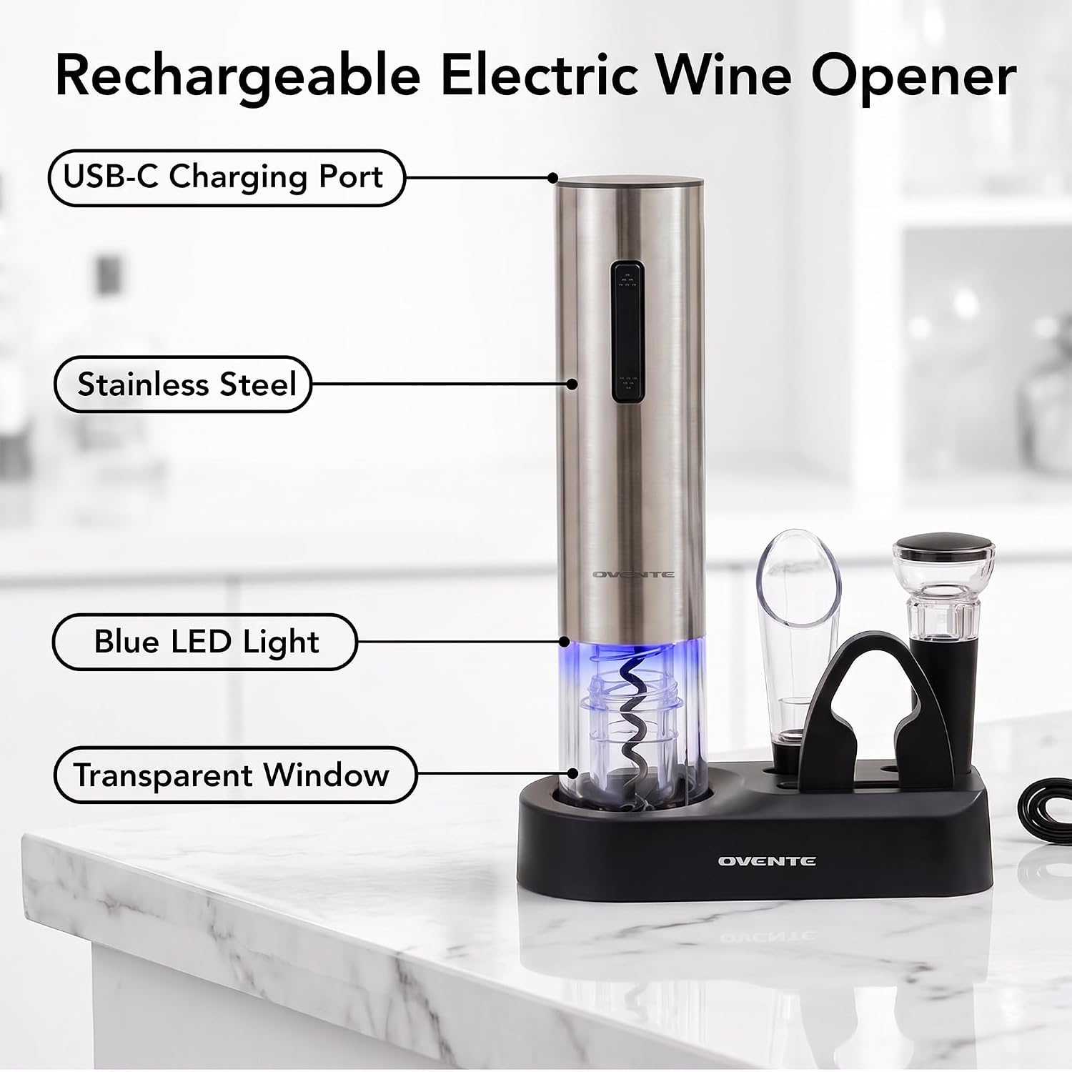 OVENTE Rechargeable Electric Wine Opener Set, Silver, WBR446S