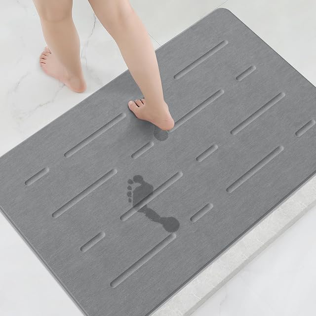 OTHWAY Grand tapis de bain en pierre, 32"x 20" Tapis de bain de terre diatomées pour salle de bains séchage rapide Absorbant, longue couche de douche en pierre dure diatomite (Gris foncé)