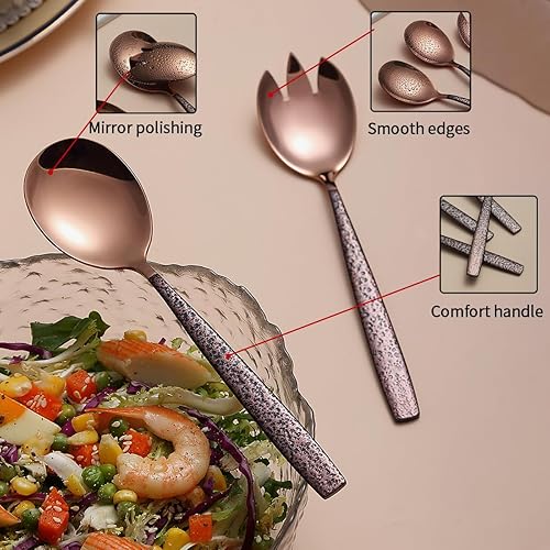 Miniatura 4 de Evanda Juego de servidor de ensalada de 4 piezas, juego de servir de ensalada de acero inoxidable, mango marrón y cuchara de ensalada de cabeza de