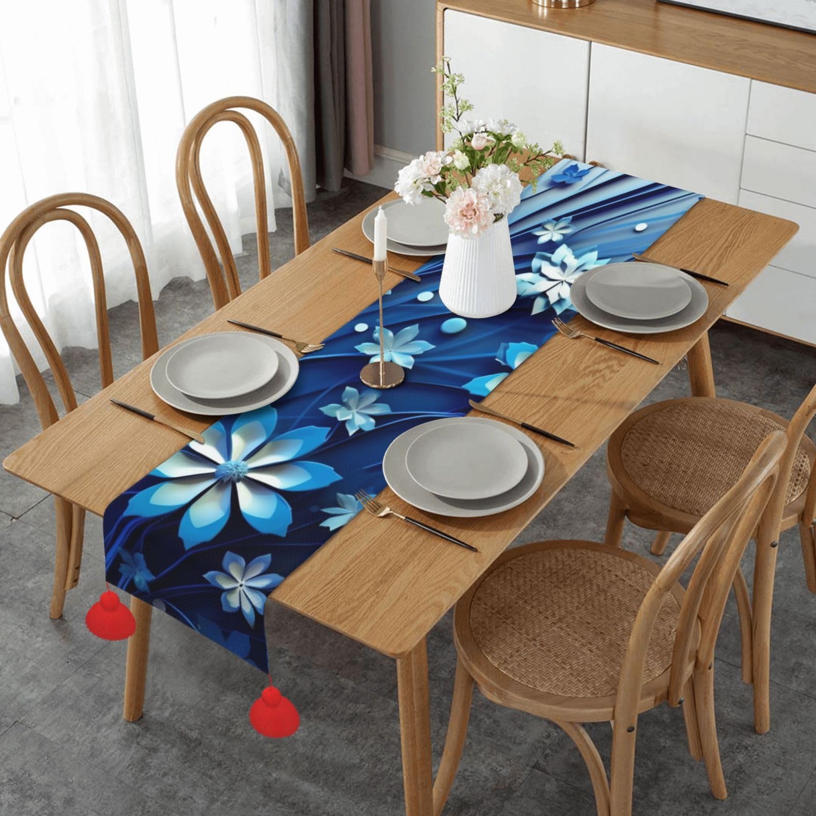 Chemin de table en lin imprimé mini fleurs bleues d'automne pour mariage 35x152 cm