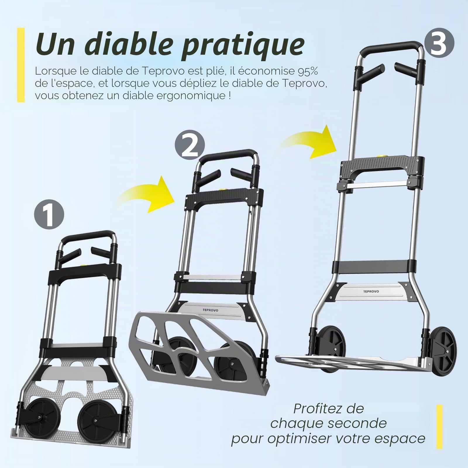 Teprovo Chariot pliable de capacité 154,2 kg avec poignée télescopique et roues en caoutchouc de 17,8 cm pour déménagement, courses, voyage, usage au bureau