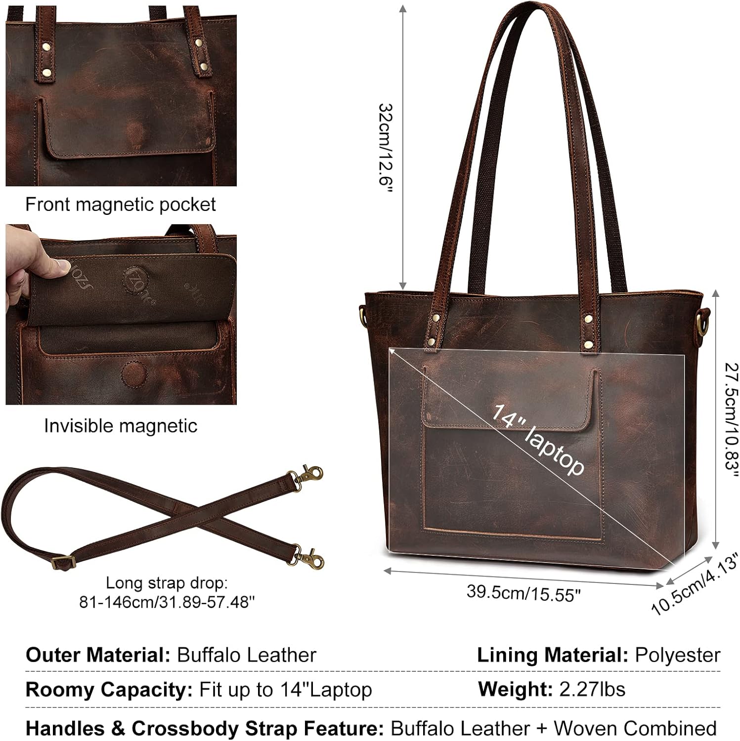 S-ZONE Women Genuine Leather Tote Bag Shoulder Handbag Vintage Crossbody Purse - Image 3