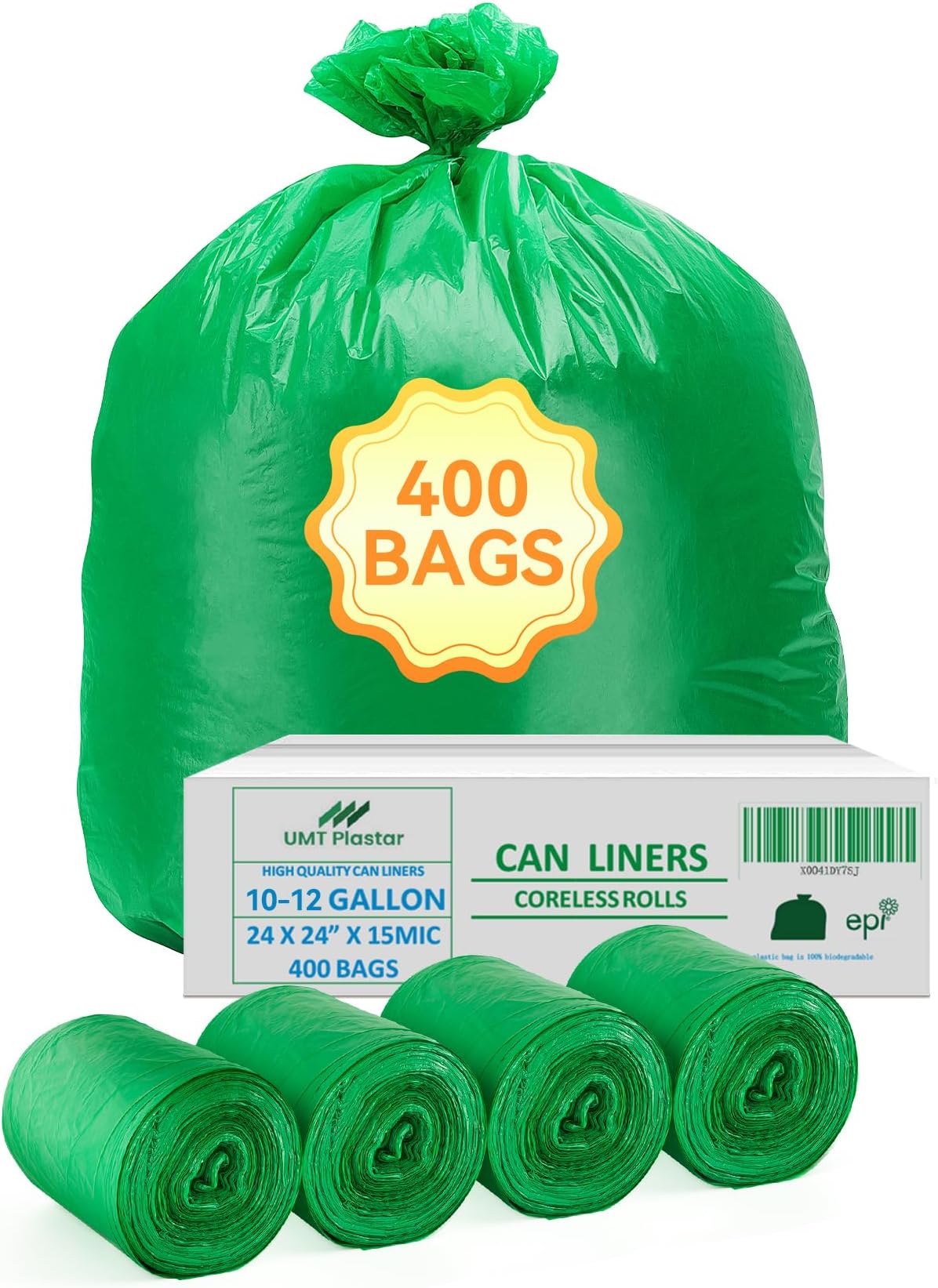 400 Count Compostable Trash Bags 10-12 Gallon, 24 x 24 Inch Biodegradable Kitchen Garbage Bags 15 Micron, Green Eco Friendly Small Trash Bags for Home, Office & Bathroom