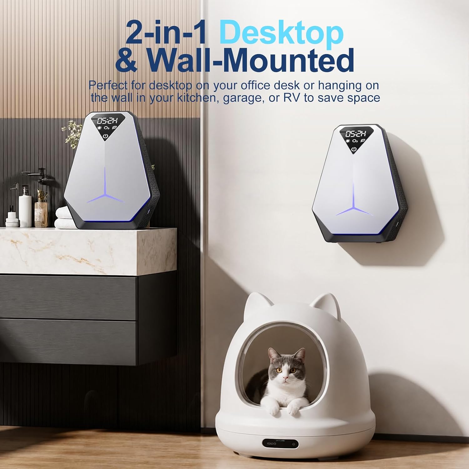 Air Purifier for Home, Ozone Odor Eliminator, Rechargeable & Portable Air Ionizer, Tabletop & Wall Mount for Pet Odor Smoke, Timer, No Filters Needed